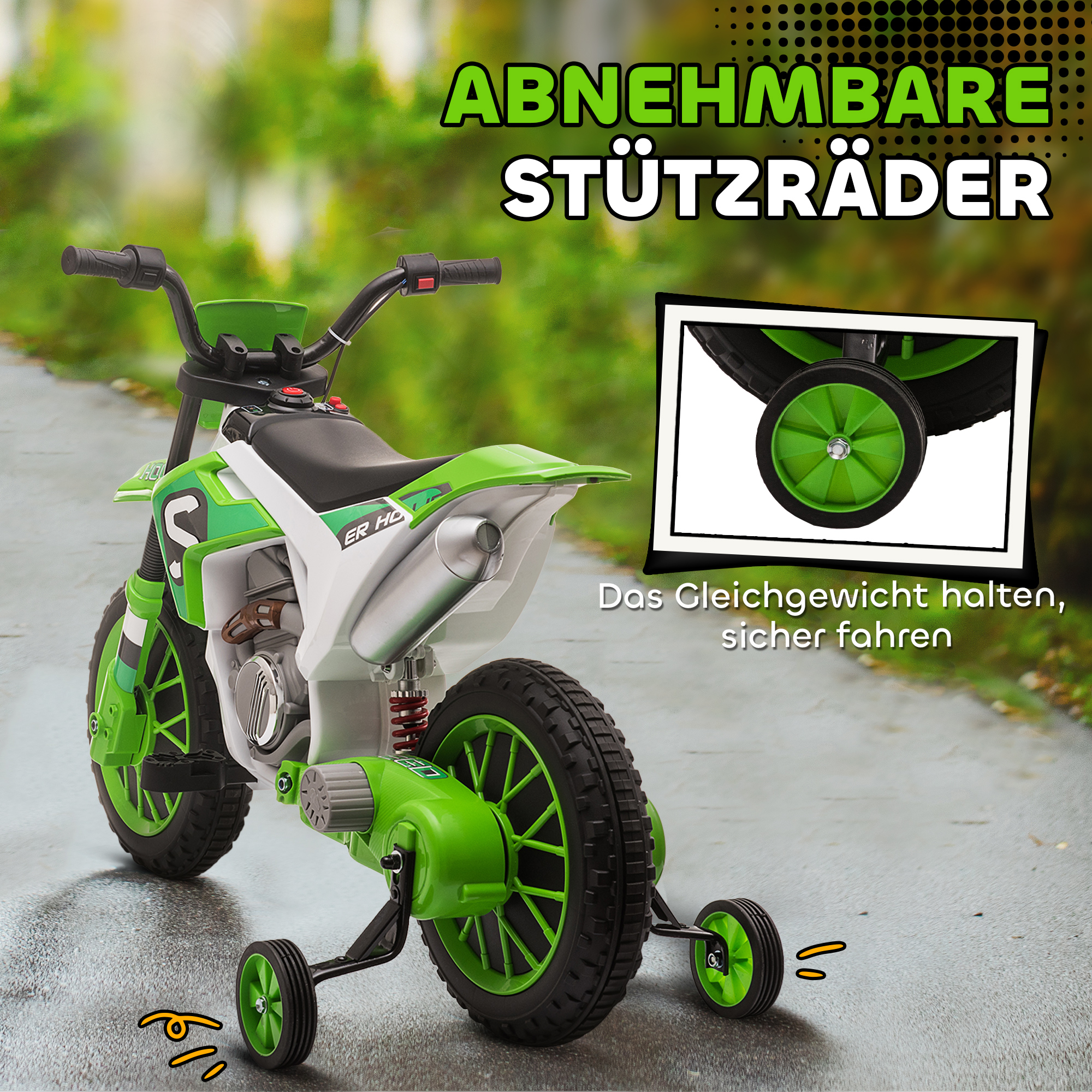 Kindermotorrad, Elektromotorrad, 45 Min Fahrzeit, mit Stützrädern, ab 3 Jahren, grün+weiß, 106,5 x 51,5 x 68cm