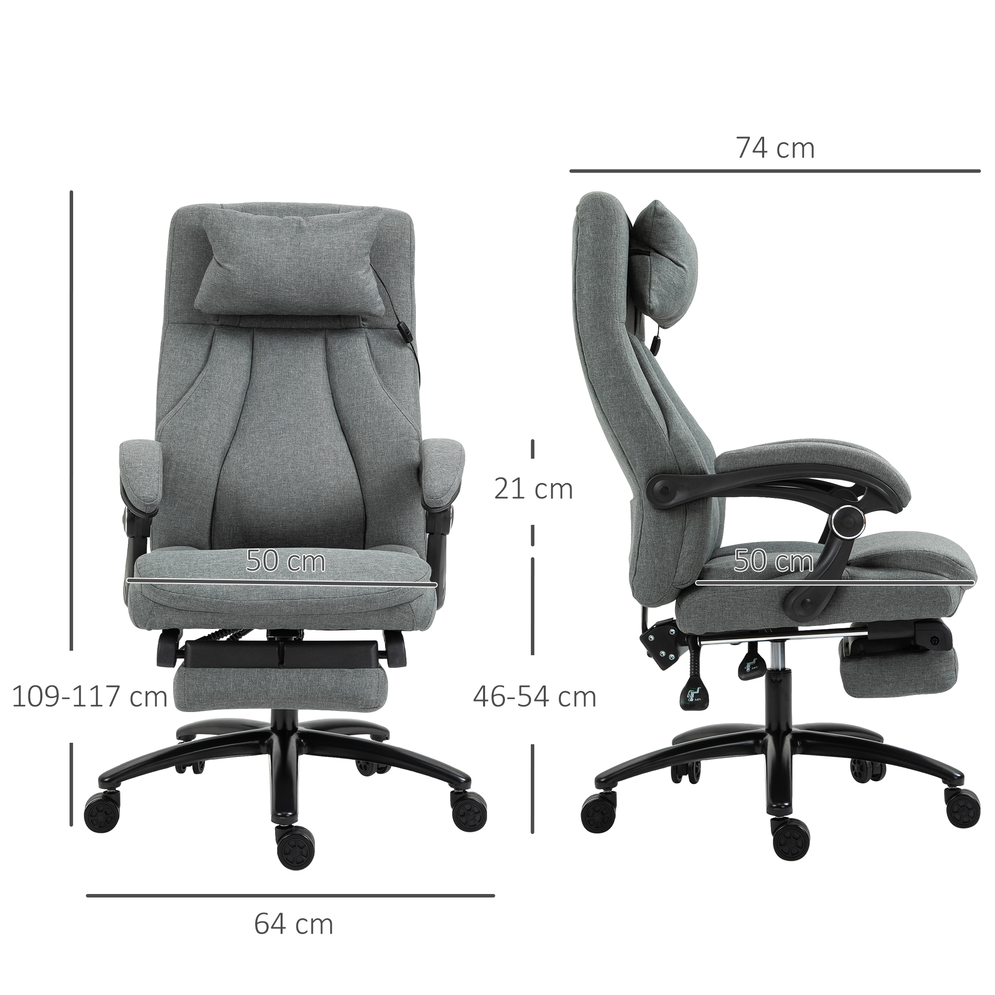 Bürostuhl massage, höhenverstellbarer Chefsessel, Gamingstuhl mit Fußstütze Massagefunktion, ergonomischer Drehstuhl, Massage Sessel, Leinen-Gefühl, Grau, 64 x 74 x 109-117 cm
