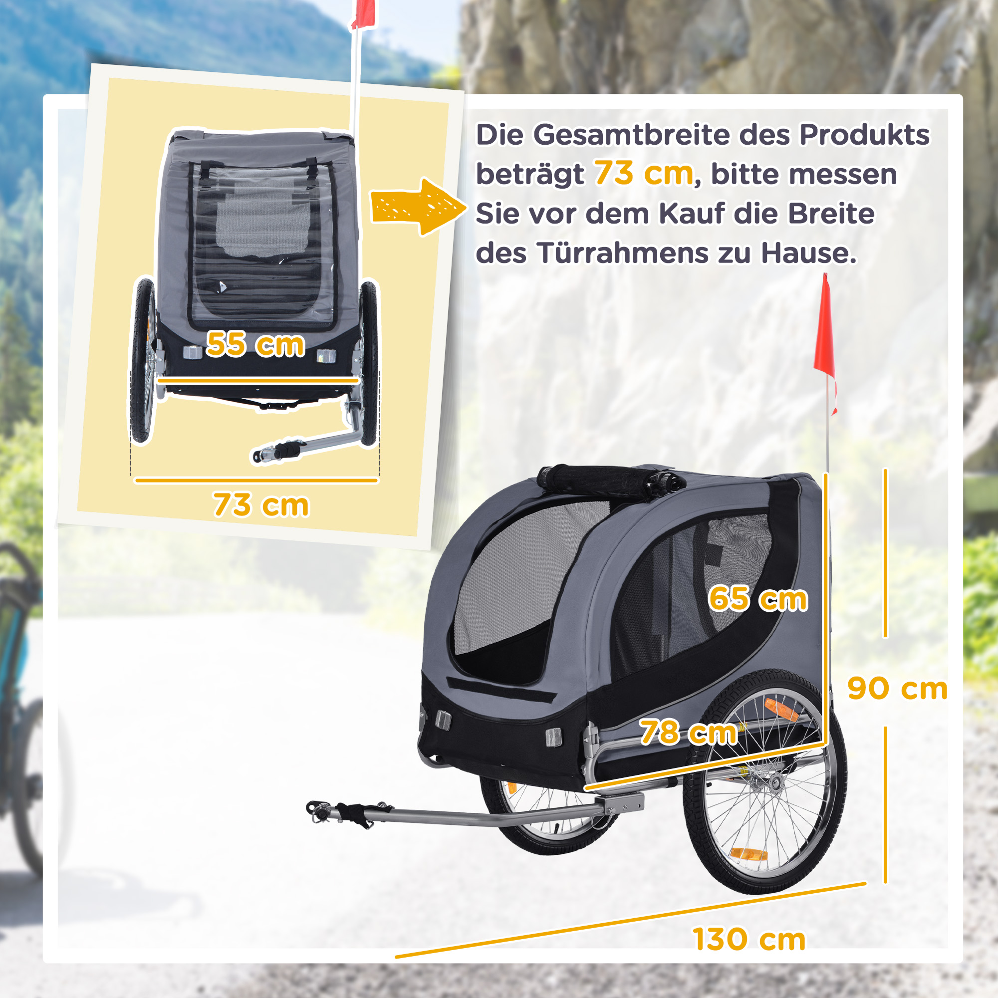 Hundeanhänger Fahrradanhänger bis 20kg klappbar mit Universalkupplung Reflektoren Flagge lagerbar Stahl+Polyster Grau+Schwarz 130 x 73 x 90cm
