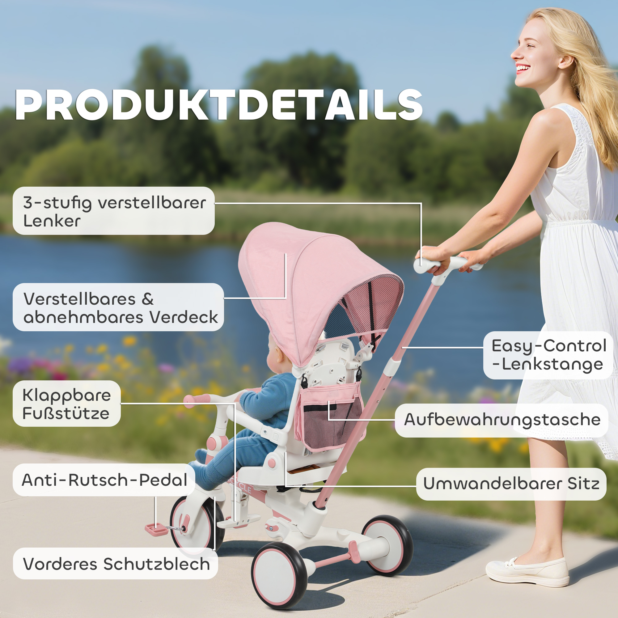 Kinder-Dreirad, wandelbarer Baby-Buggy, 5-in-1 Design, abnehmbarer Schiebegriff, verstellbar, Sicherheitsgurt, Aufbewahrungstasche, 1-3 Jahre, Rosa