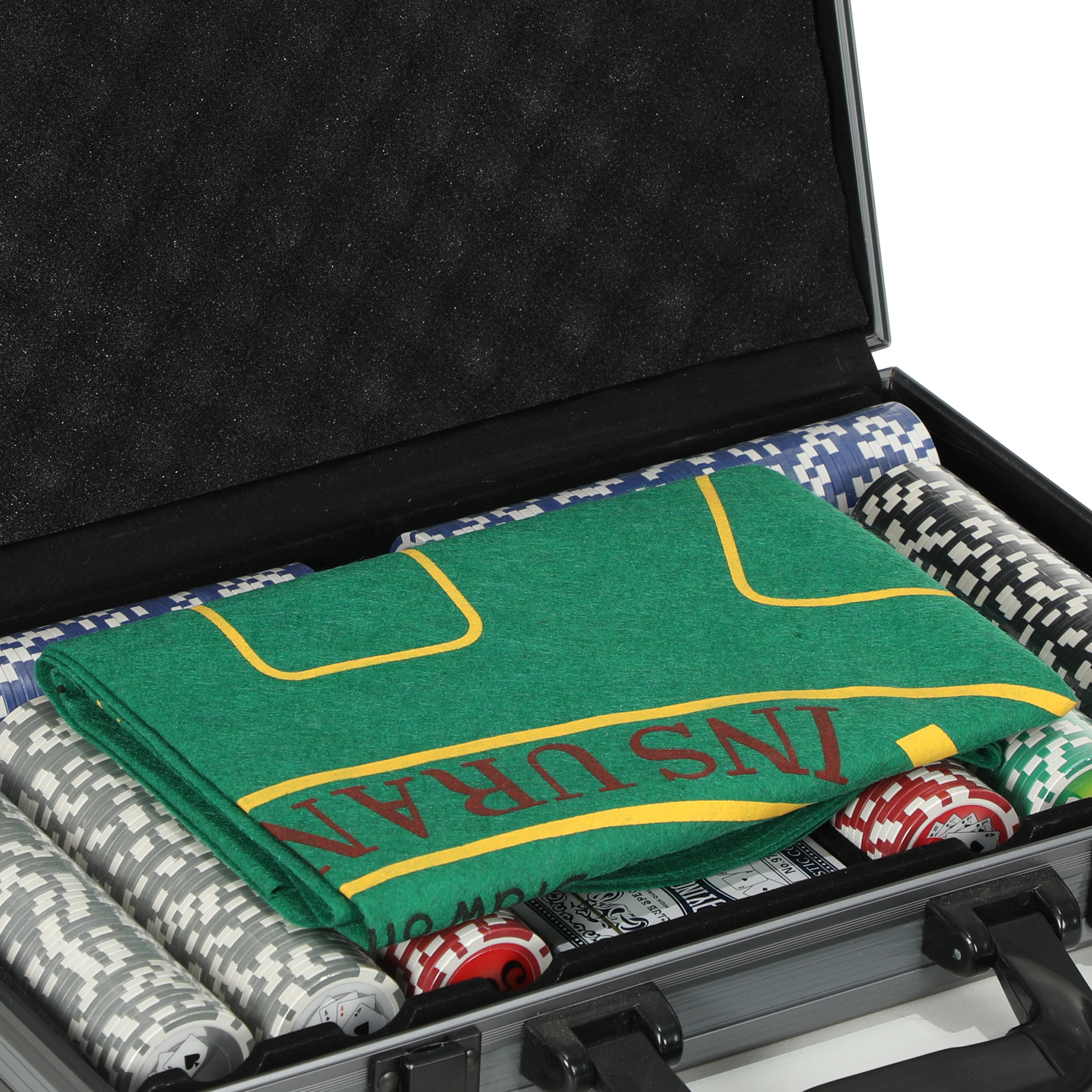Poker-Set, Pokerkoffer, 400 Chips, 2 Kartendecks, 5 Würfel, Dealer-Scheibe, Unterlage