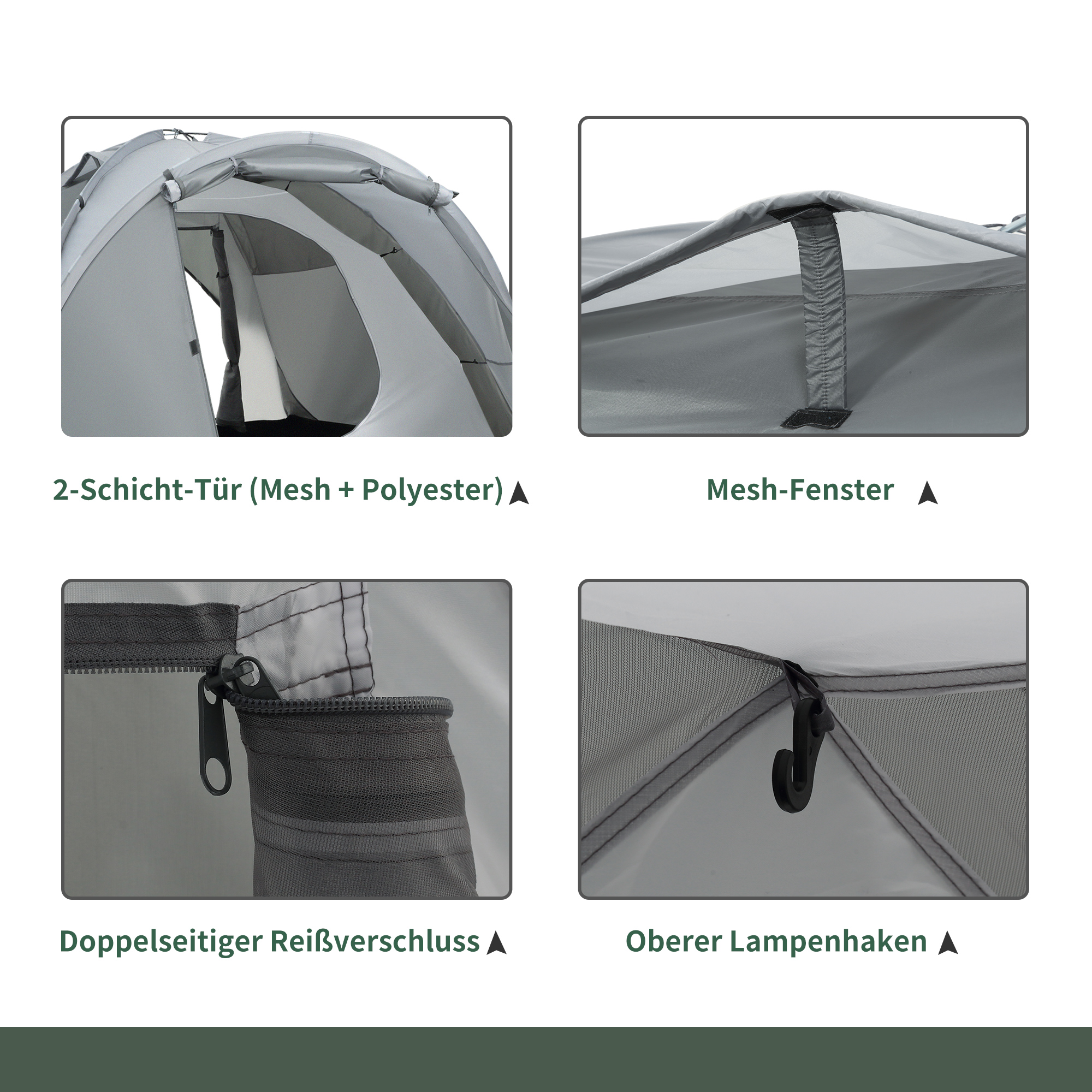 Campingzelt für 2-3 Personen Glasfaser Tür mit Reißverschluss Meshfenster inkl, Transporttasche Kuppelzelt 190T Kunstleder2000mm Glasfaser Grau