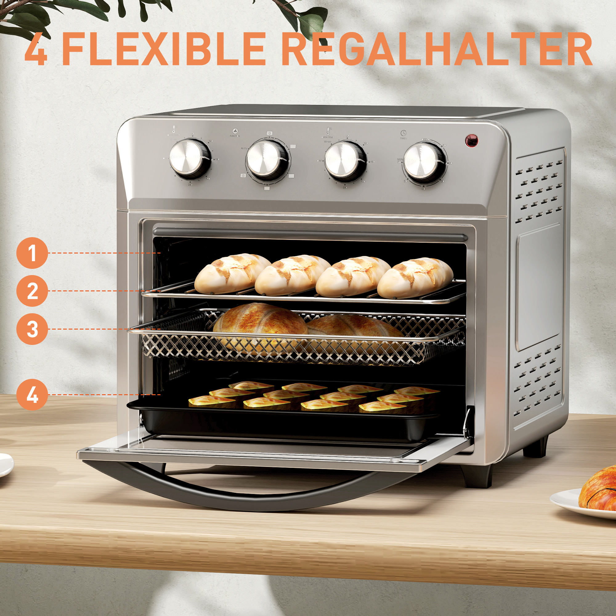 Minibackofen mit Umluft, Heißluftfritteuse, 6 Heizmodi, Timer, Zubehör, 24L, Silber