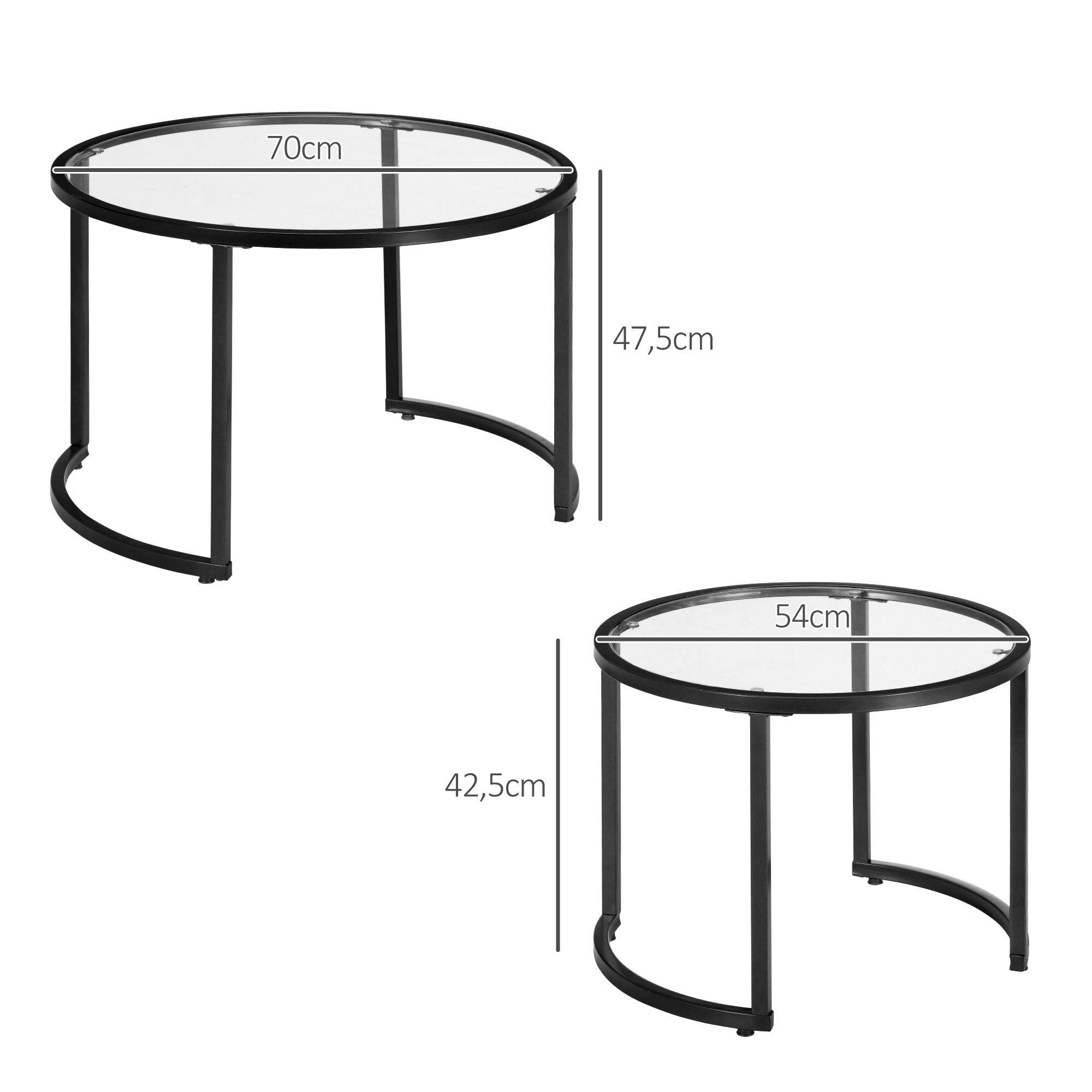 2er-Set Beistelltische Couchtische Industrie-Design, Glastische, stapelbar, Schwarz + Transparent