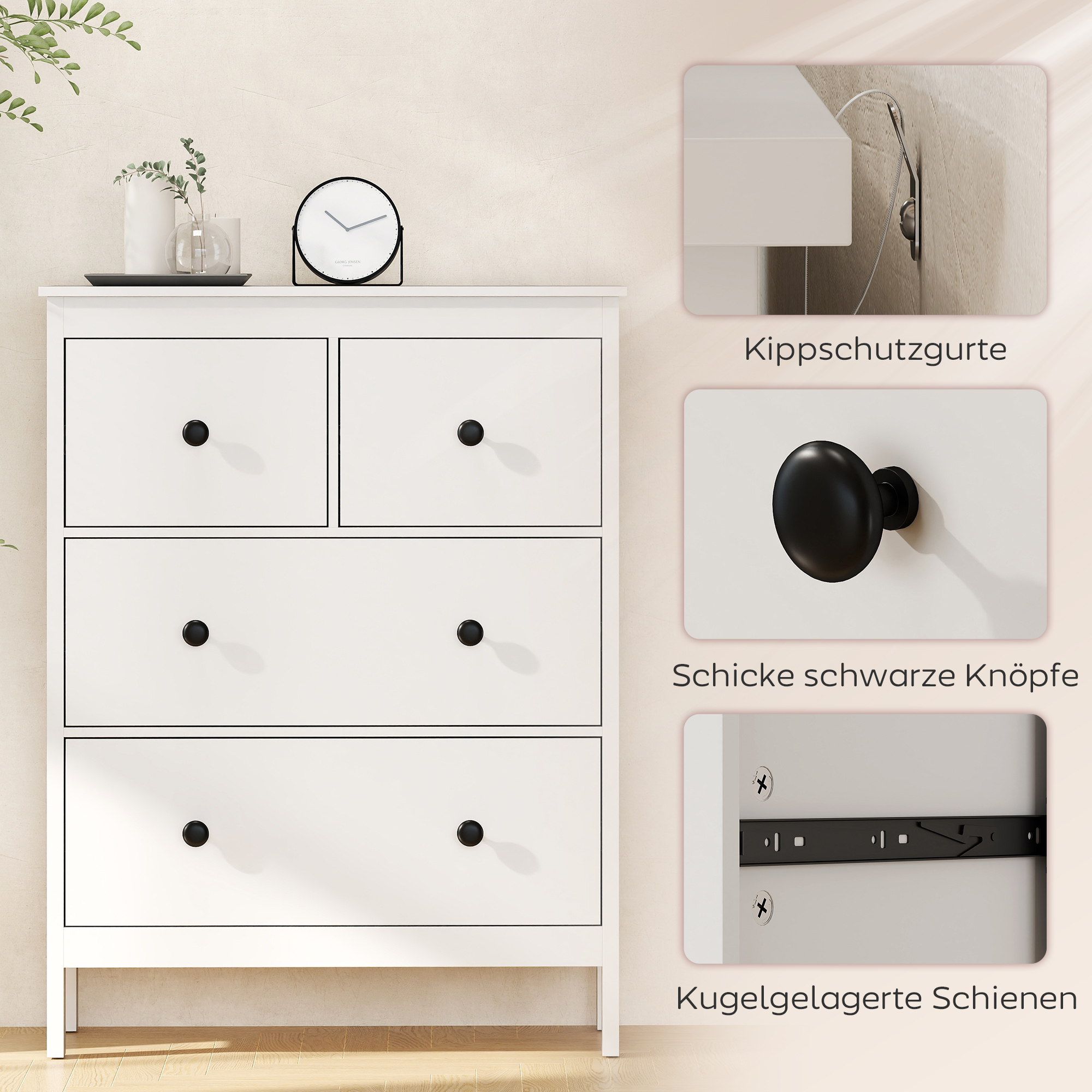 Kommode mit 4 Schubladen, für Kleidung & Bettwäsche, Wohnzimmer, Schlafzimmer, Flur, Spanplatte, Weiß