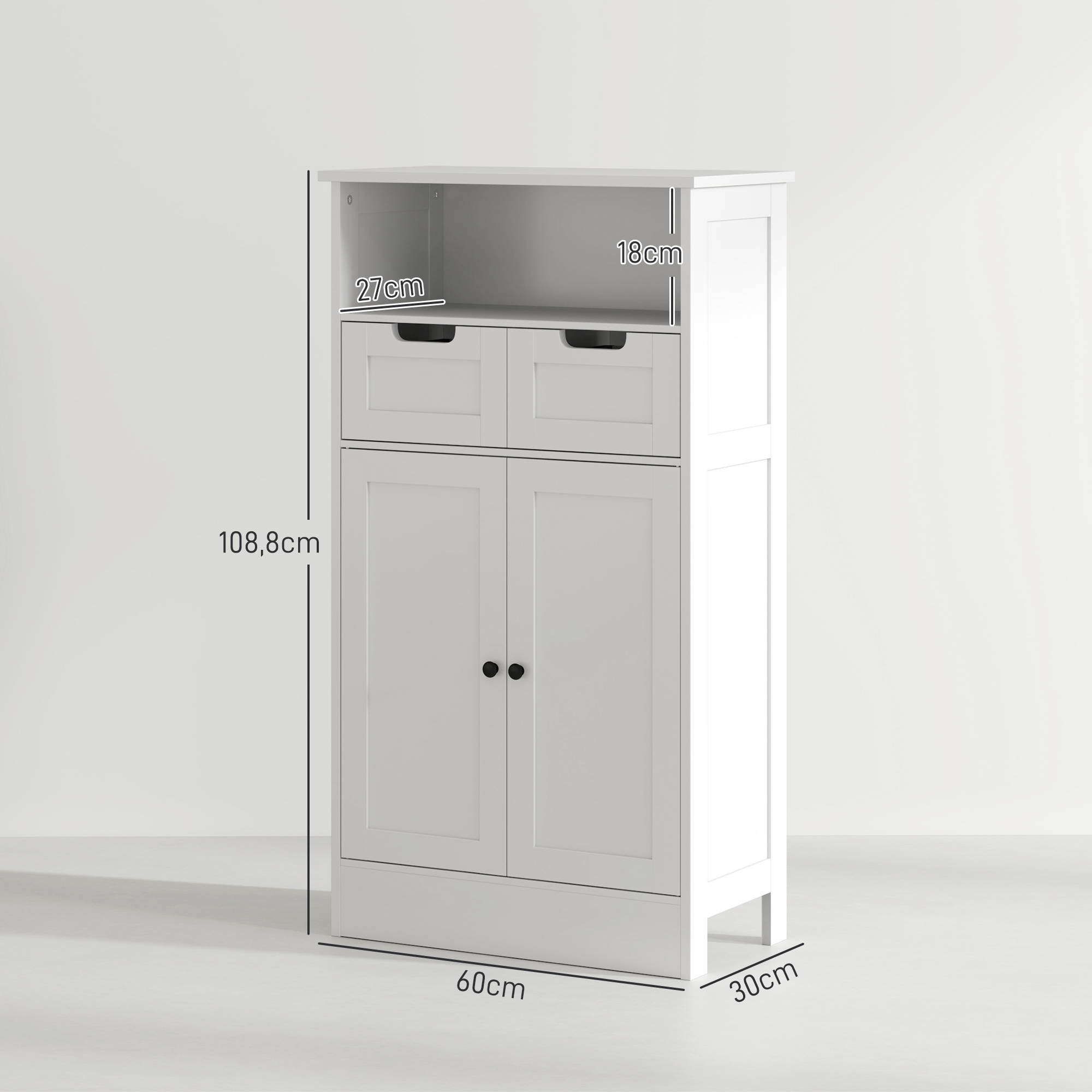 Badezimmerschrank mit 2 Schubladen, Tür, 60 x 30 x 109 cm, Weiß