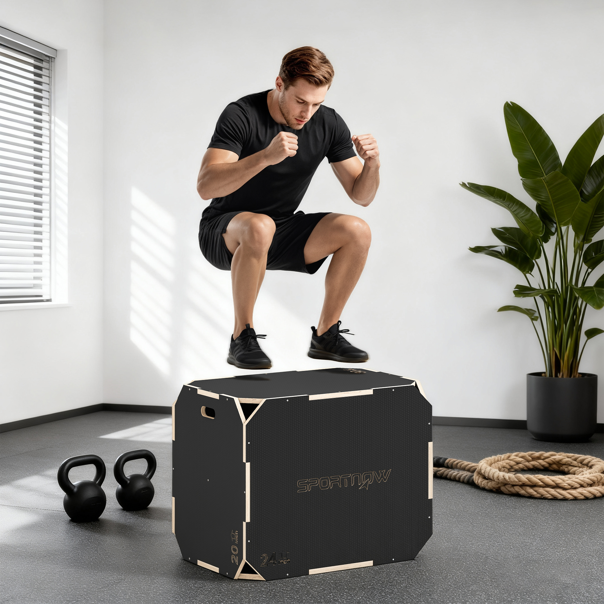 3-in-1 Plyo-Box, Sprungbox mit Griff-Öffnungen, für Home-Fitness und Outdoor-Workouts, 3 Sprunghöhen, Holz, Schwarz