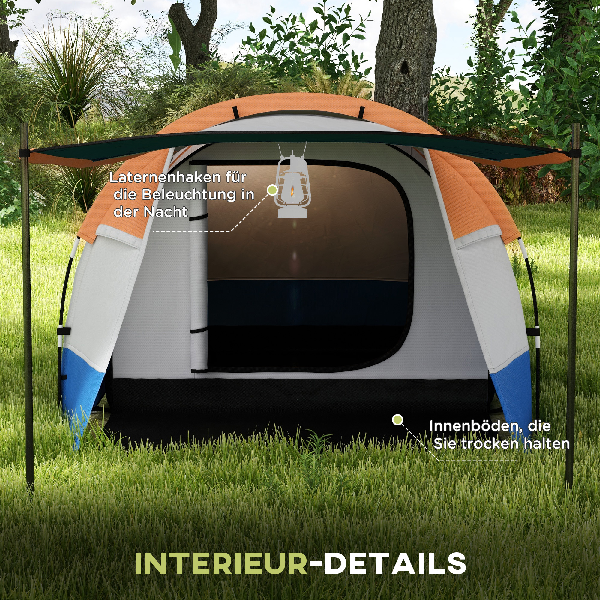 Campingzelt, für 3 Personen, Laternenhaken, drei Eingänge, wasserdicht, Orange