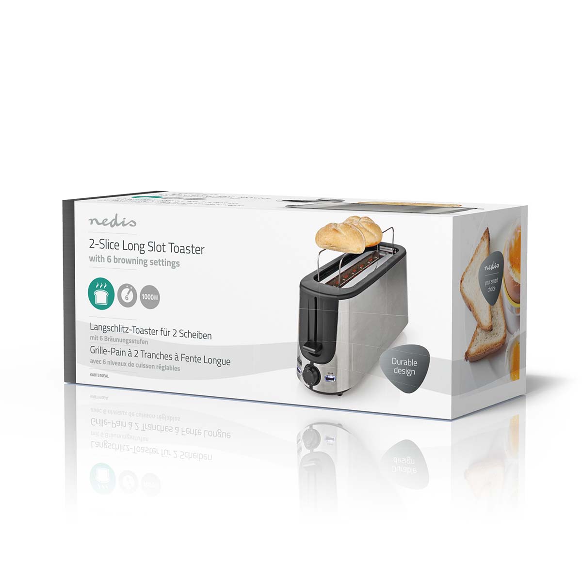 Toaster | Edelstahl Serie | 2 Brotscheiben | 1 Langer Schlitz | Bräunungsstufen: 6 | Auftaufunktion | Brötchenaufsatz | Aluminium