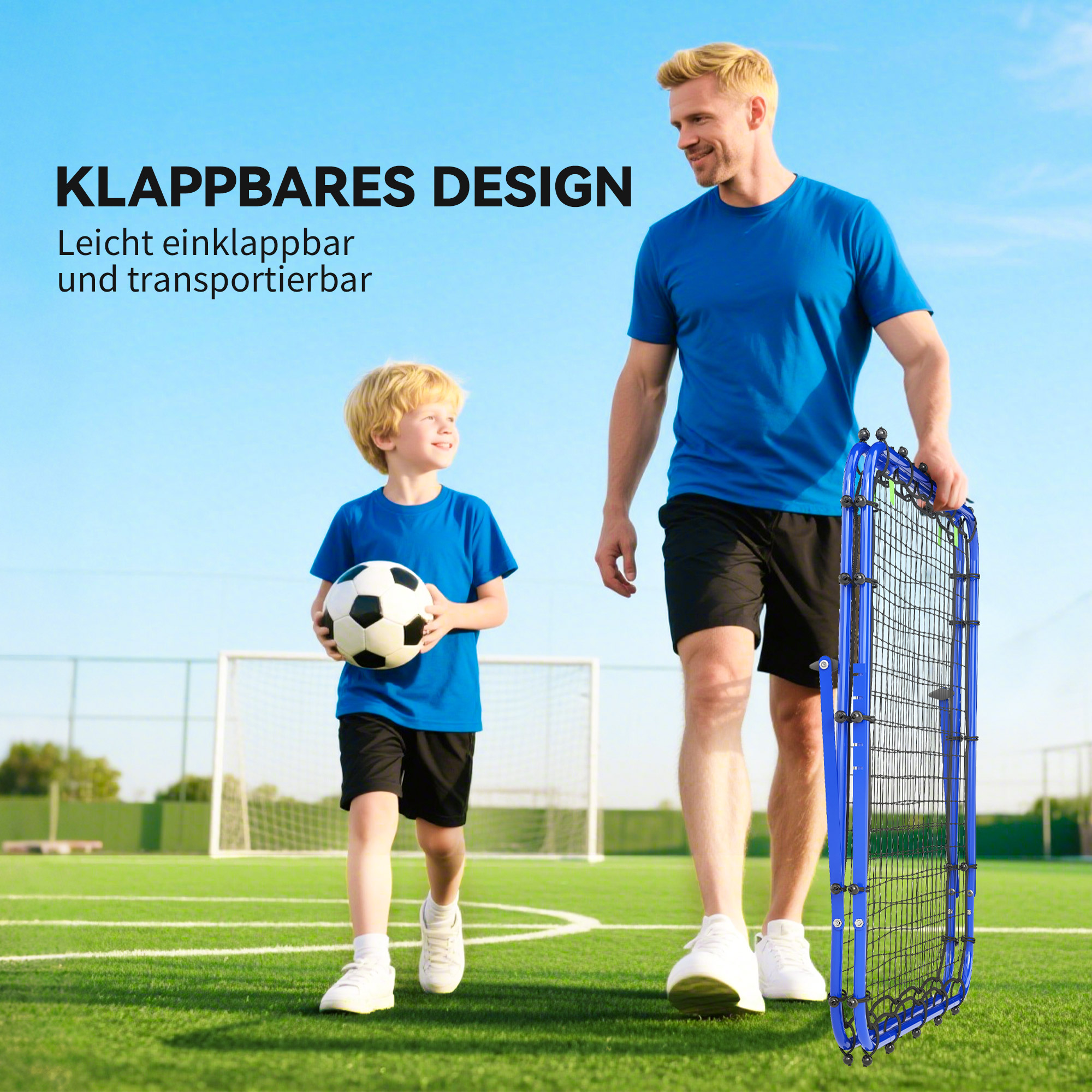Rebounder für Fußball, verstellbar Prellwand mit 5 Winkelpositionen und Rückprallwand Netz, 100 x 95cm Kickback Tor Fußballtor für Jugendliche, Rückprallwand für Handball Training, Blau
