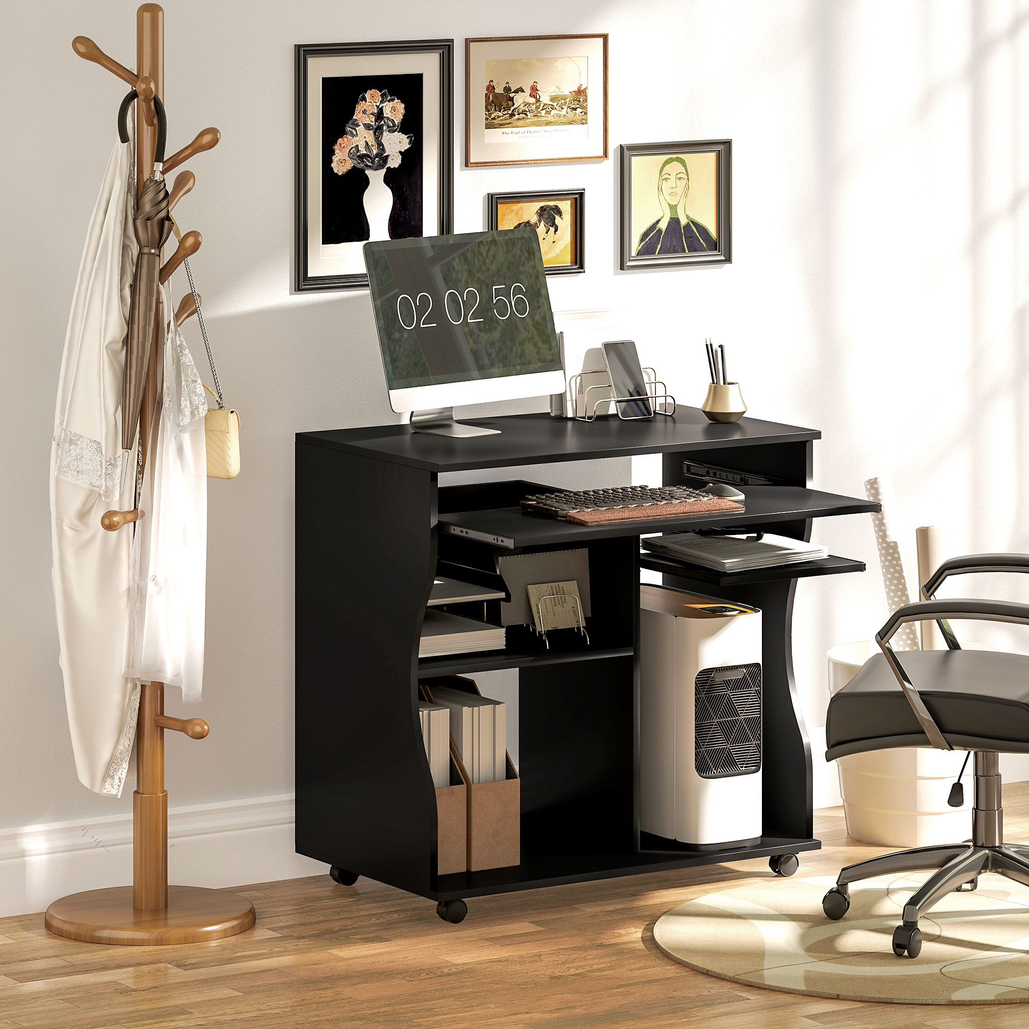 Computertisch mit Rollen, Schreibtisch mit Stauraum, 80 x 48 x 75 cm, Schwarz