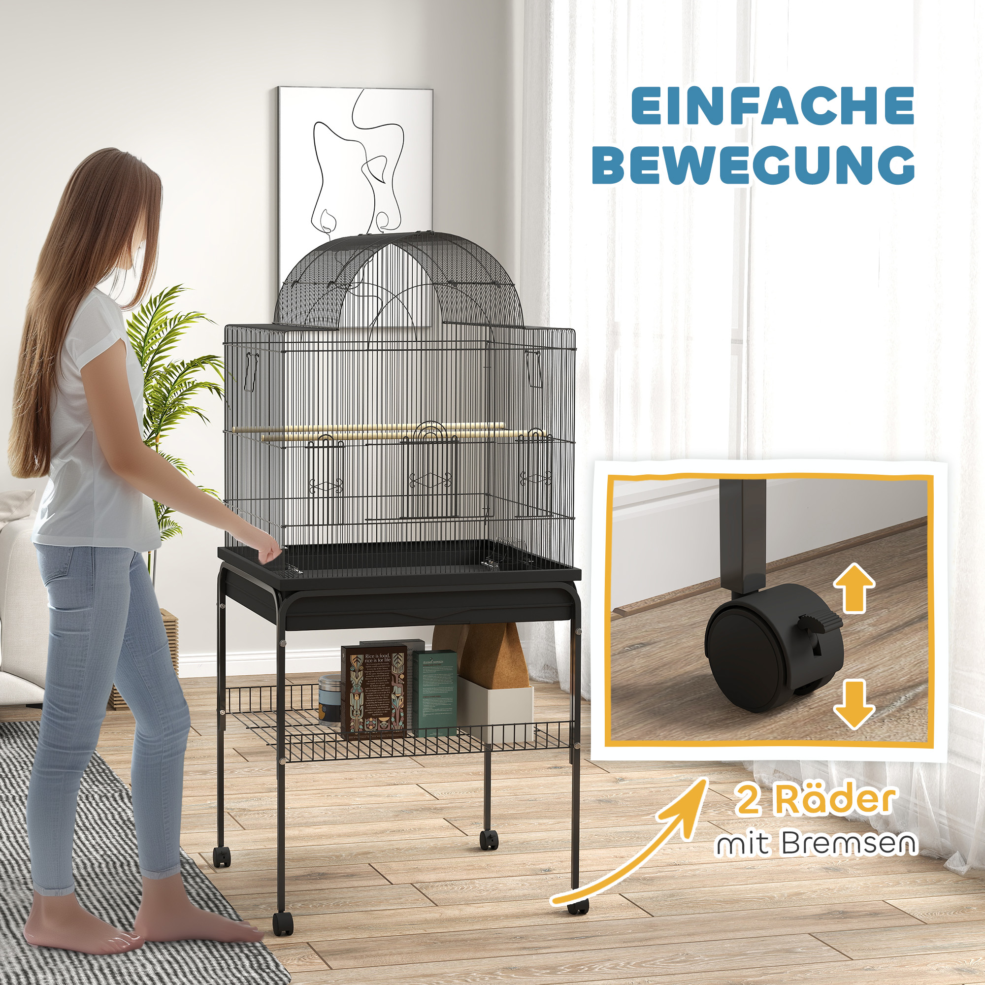 Vogelkäfig für Kanarienvögel & Wellensittiche, mobil, mit Bodenfach, Metallgitter, Schwarz