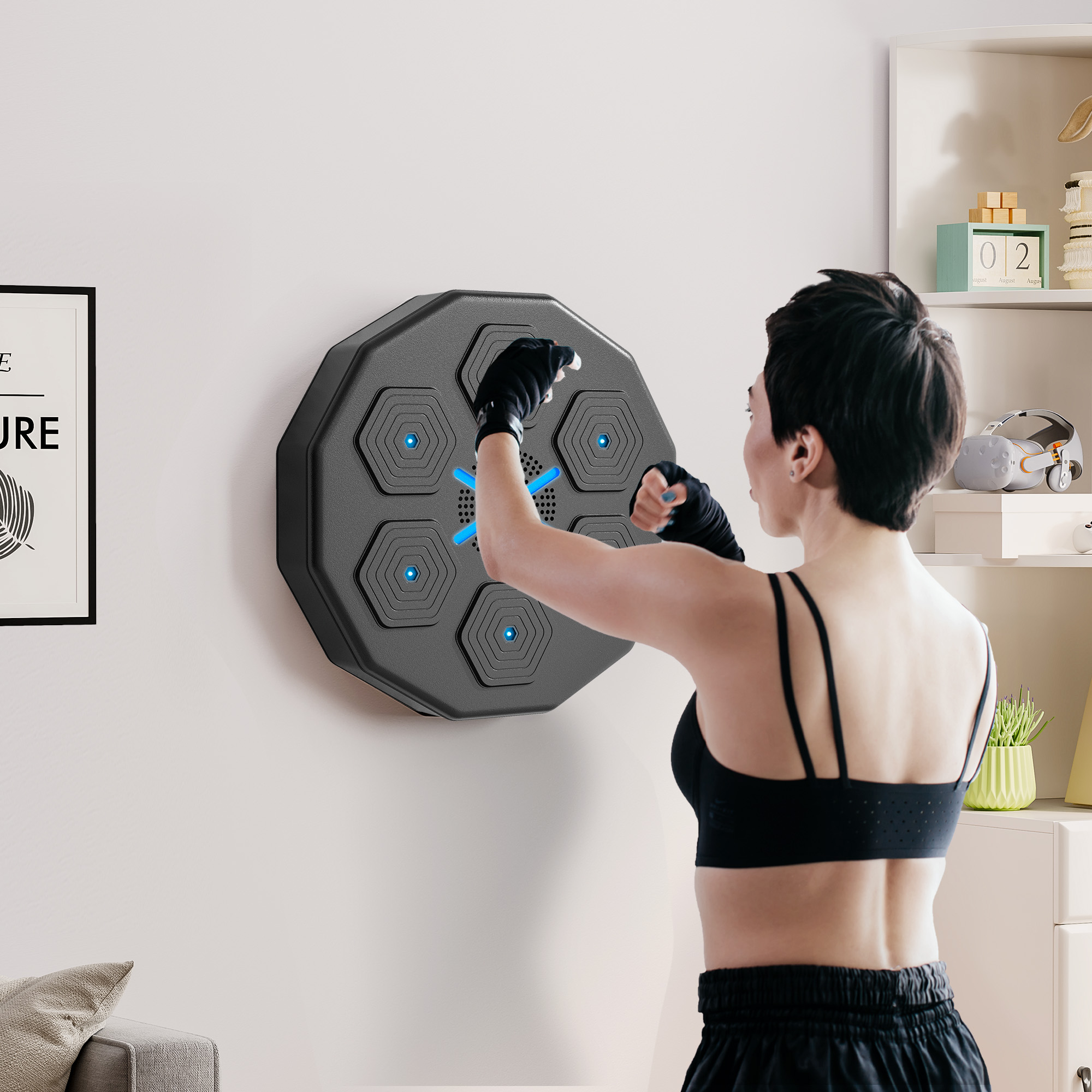 Boxtrainer mit Musikfunktion, Bluetooth, leuchtende Punkte, Wandaufhängung, Kunstleder, Schwarz