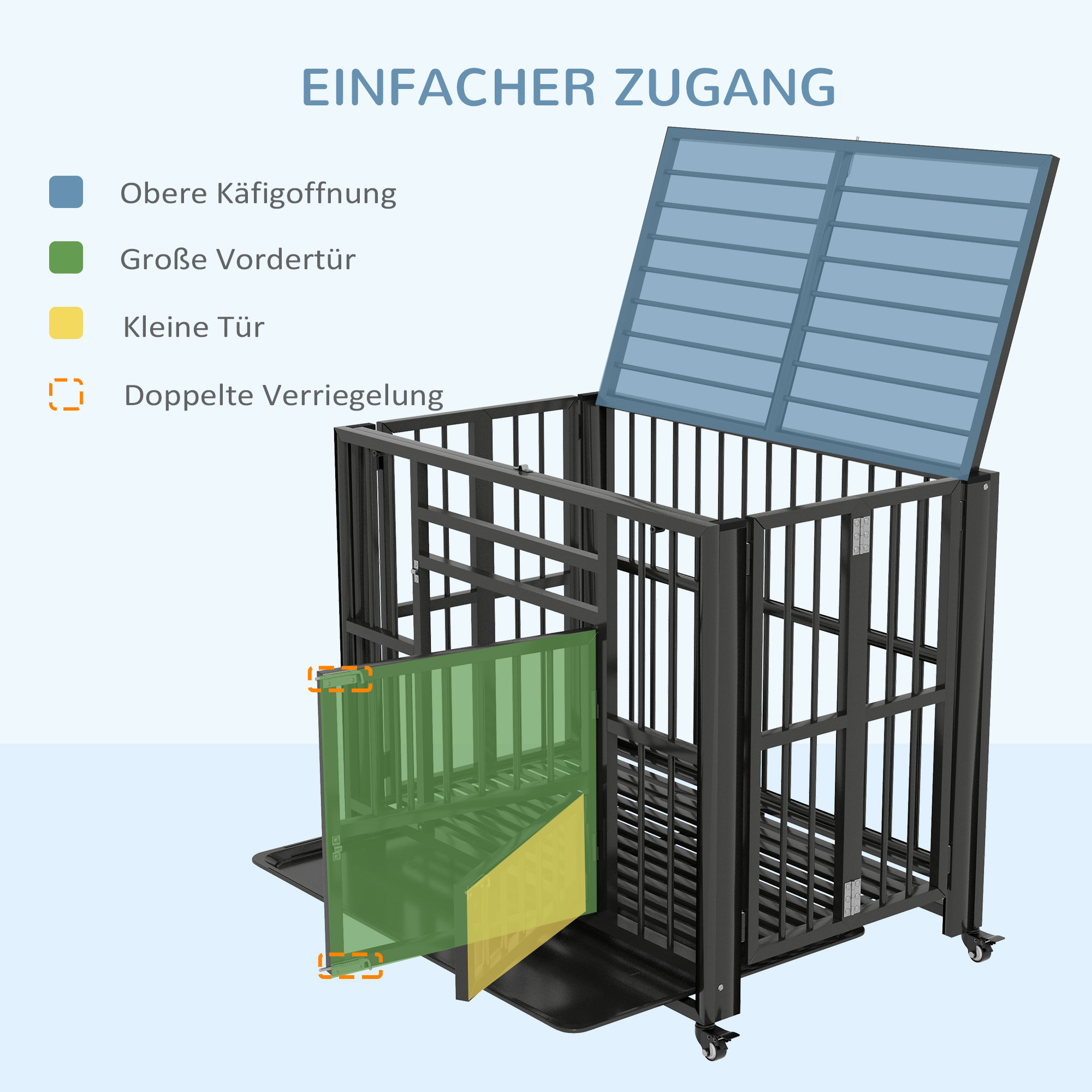 Hundebox Hundekäfig, inkl, Bodenwanne, Verriegelung, Universalrollen, 94 cm x 58 cm x 78 cm, Schwarz