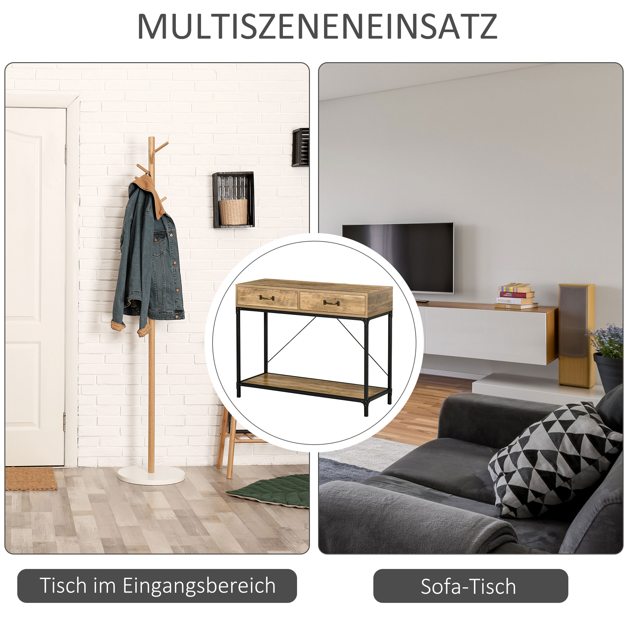 Konsolentisch Flurtisch mit Ablage und 2 Schubladen, 100 x 35 x 76,5 cm Beistelltisch Sofatisch Ausstellungstisch für Kleinen Raum, Eingang, Flur, Wohnzimmer Braun+Schwarz