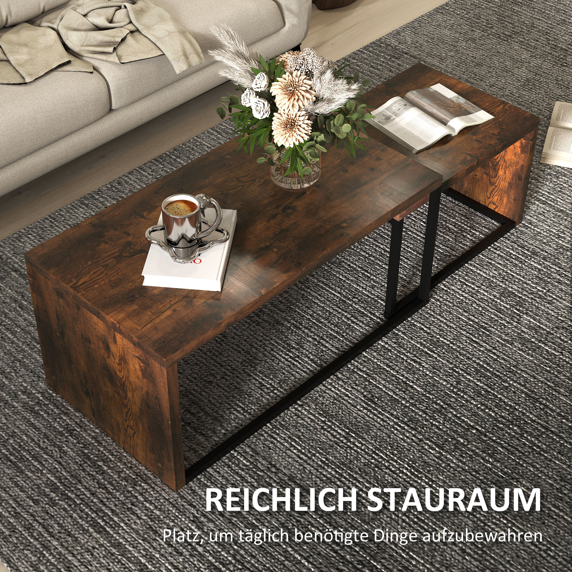 2er-Set Couchtisch, Sofatisch, Beistelltisch, MDF, Metall, 90 x 48 x 42 cm/59 x 42 x 36 cm, Schwarz+Braun