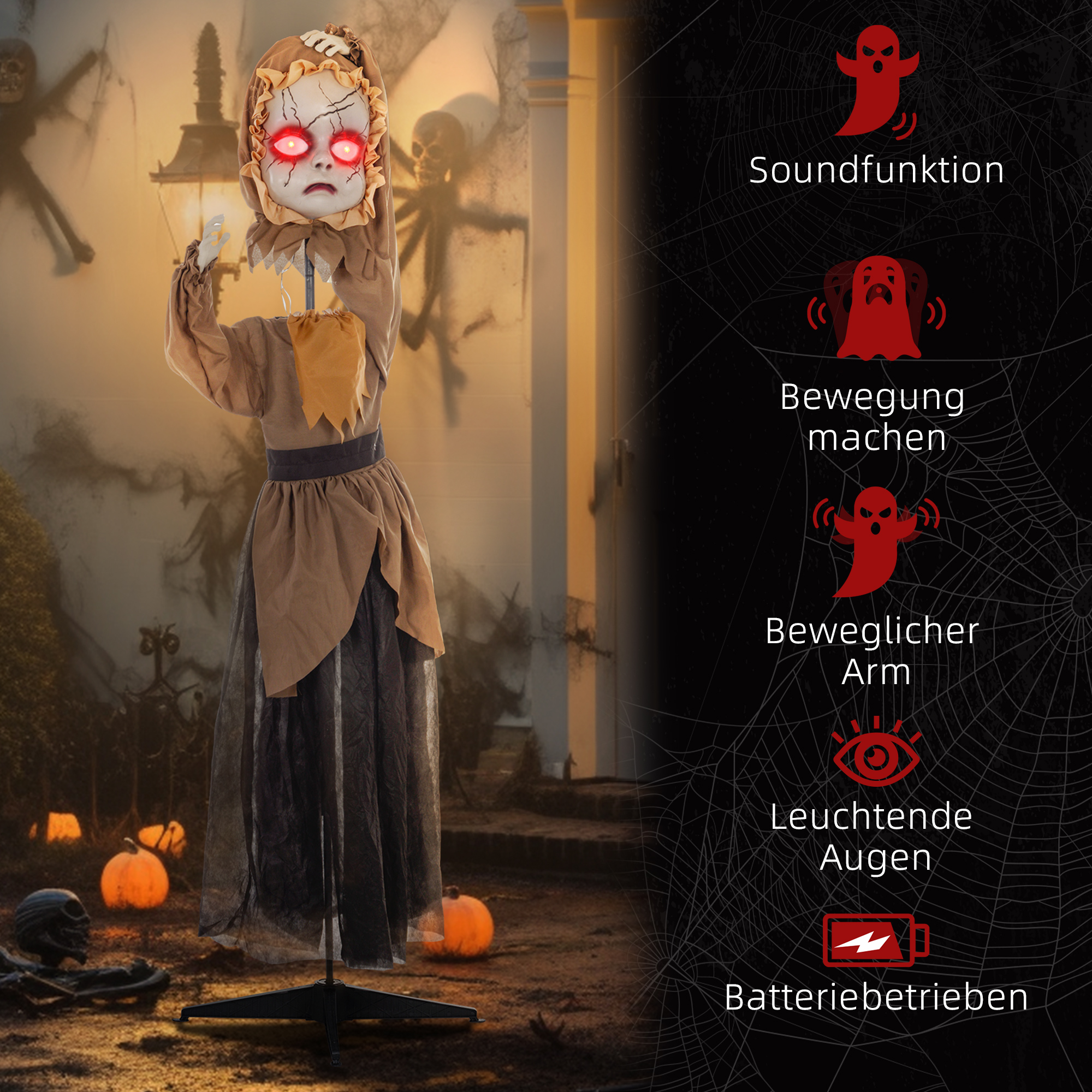 Grusel-Puppe Halloween-Dekoration, beweglicher Kopf, rote Augen, Batteriebetrieb