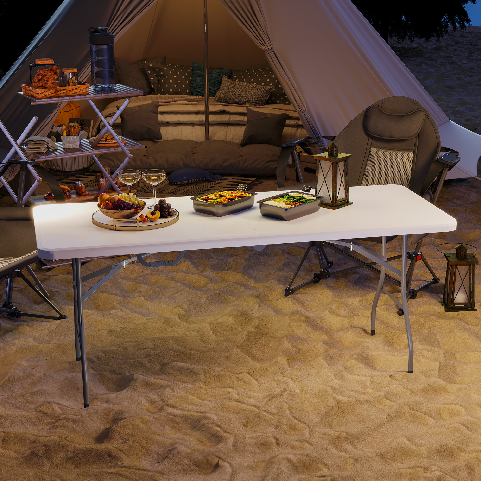 Klapptisch, Faltbarer Campingtisch, Metall, Kunststoff, Picknicktisch, Weiß