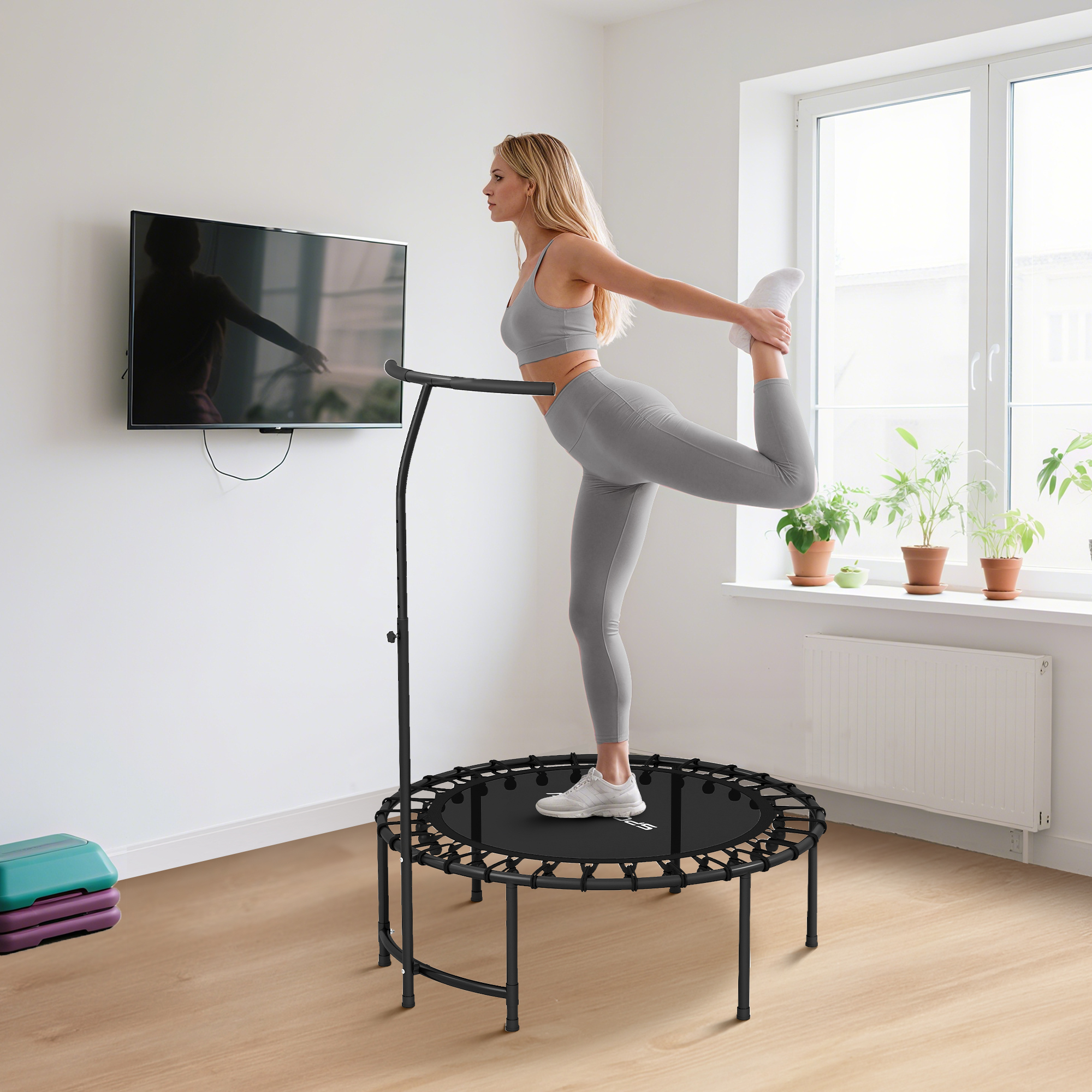 Rebounder-Trampolin, 5-stufig verstellbarer Griff, Workout-Trampolin, Schwarz