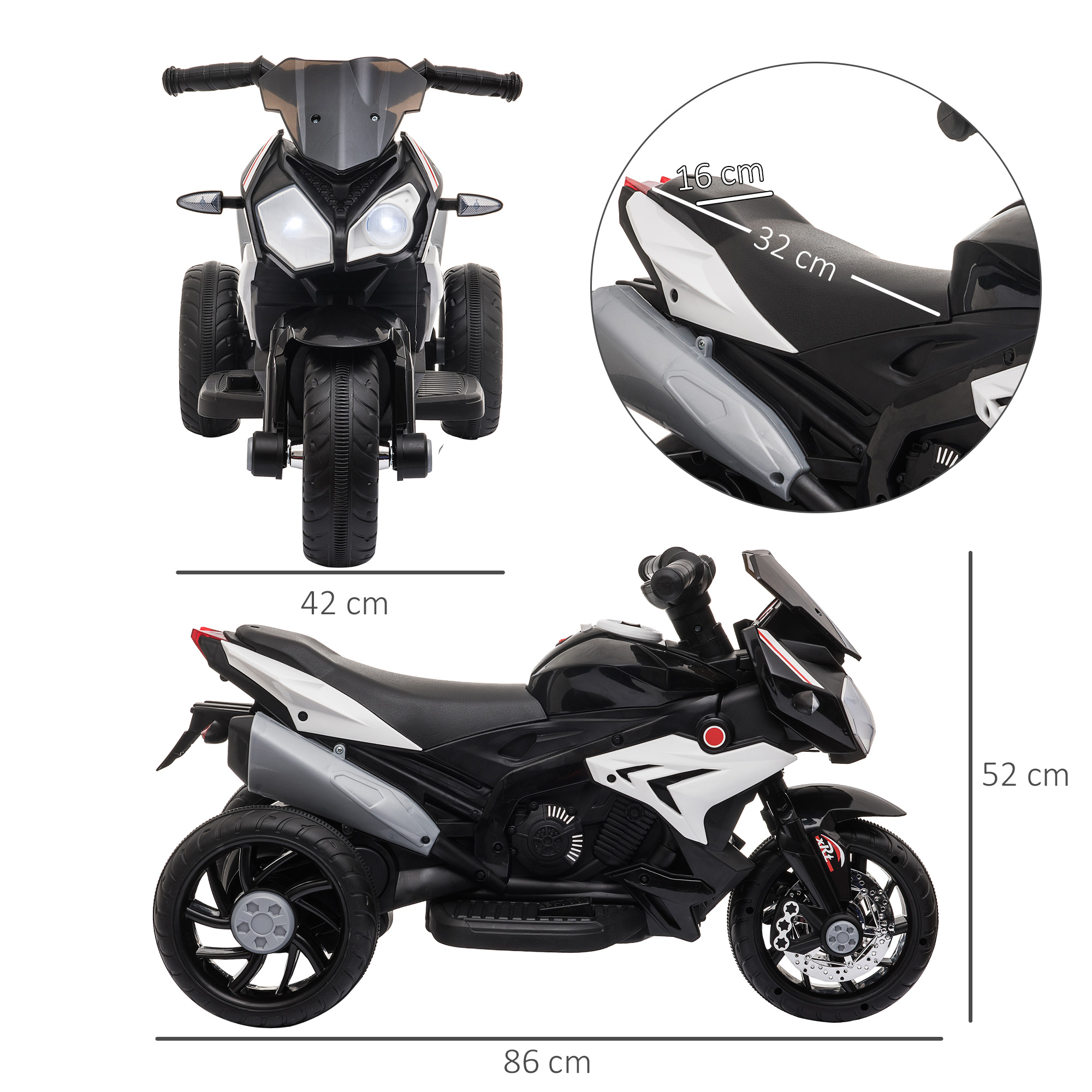 Elektro-Kindermotorrad, Lichter & Geräusche, 3 km/h, wiederaufladbar, Kunststoff & Metall, Schwarz/Weiß