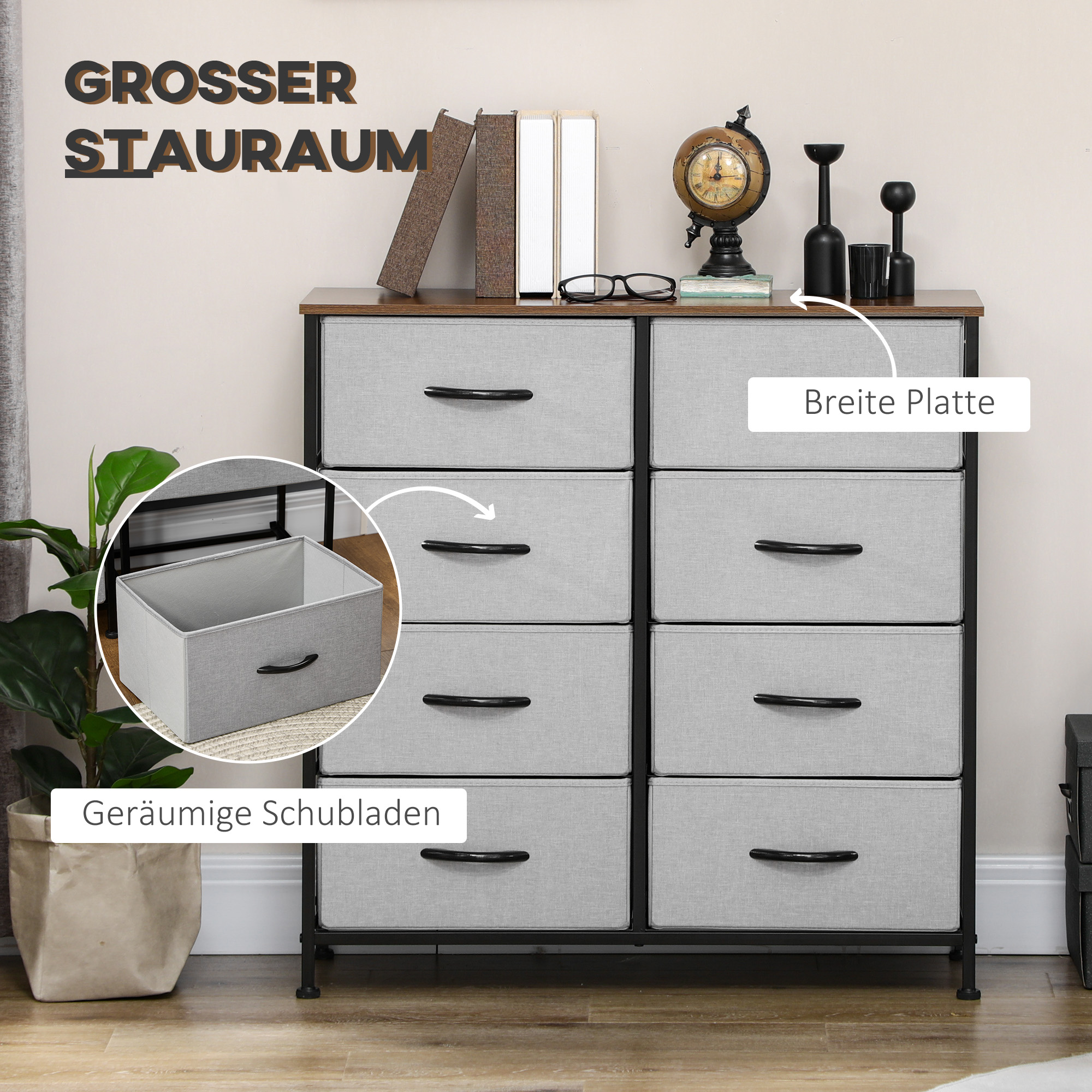 Kommode mit 8 Stoffschubladen, Metallrahmen, Ablage, 80x30x81,5 cm, Grau/Schwarz