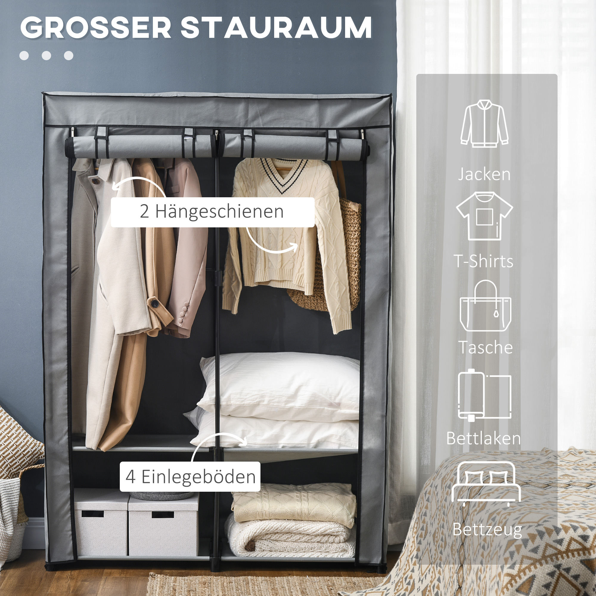 Schrank aus Stoff, Aufbewahrungslösung, 4 Regale,  2 Kleiderstangen, Grau