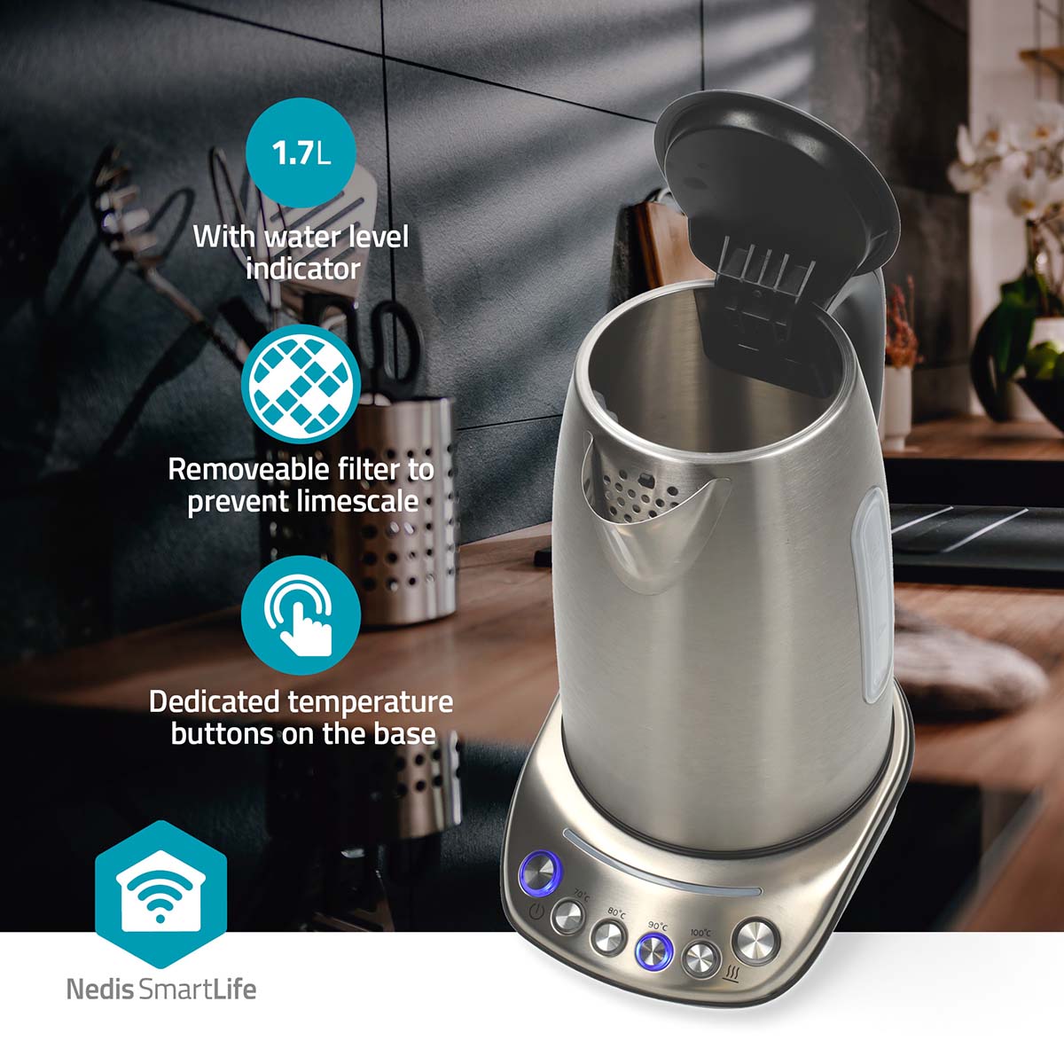 SmartLife Wasserkocher | Wi-Fi | 1.7 l | Edelstahl | 70,80,90,100 °C | Temperaturanzeige | Um 360 Grad drehbar | Verdecktes Heizelement | Strix Controller | Android? / IOS