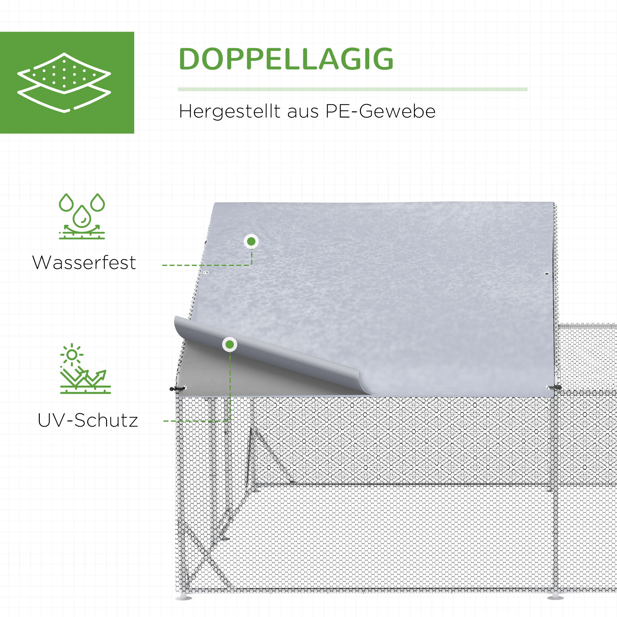 Zwerghühnerstall, wetterbeständig, begehbarer Stall, Stahlgitter, 400 cm x 300 cm x 195 cm, Silber
