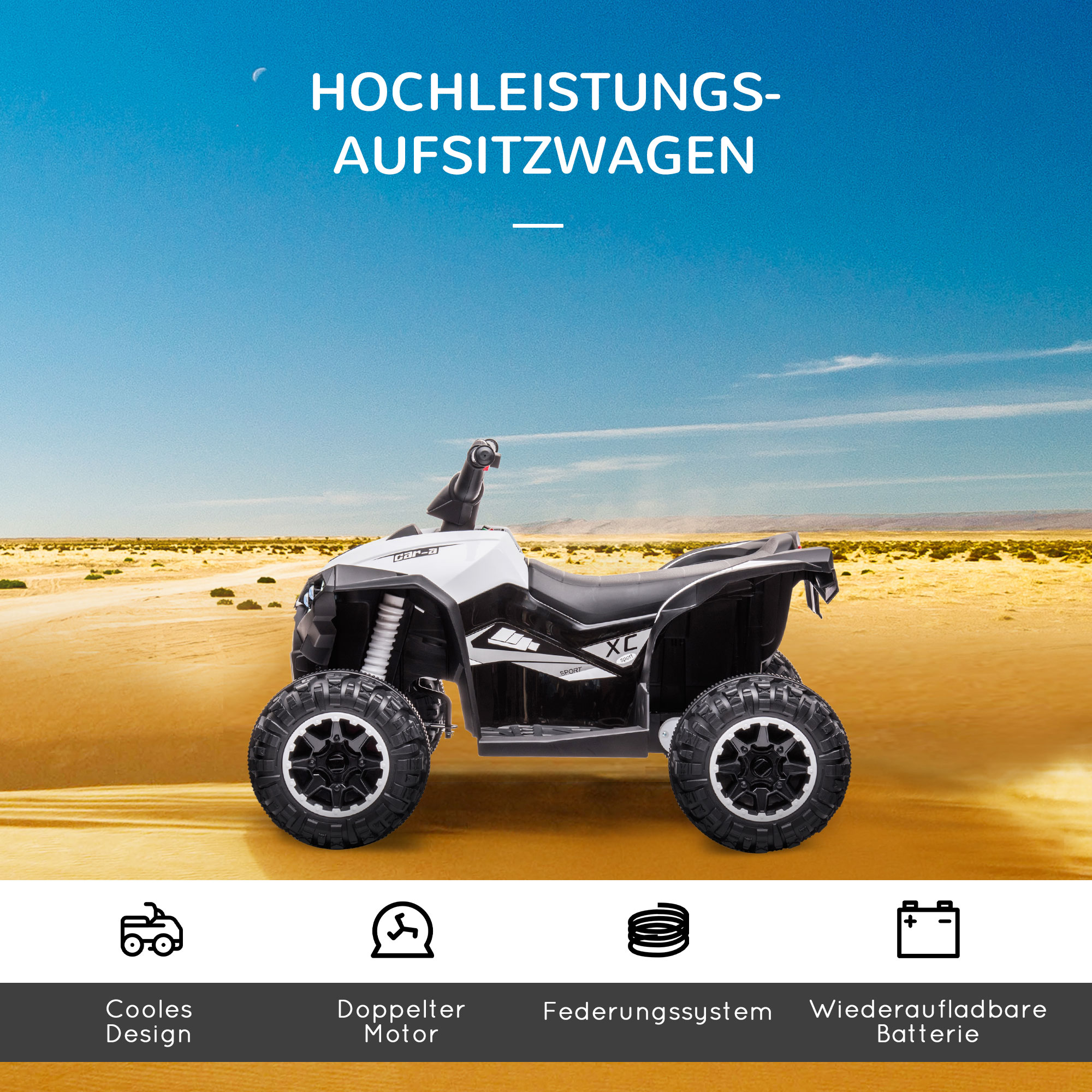 Kinderquad, 6 km/h, Sound- und Lichteffekte, : 83 cm x 53 cm x 55,5 cm, Schwarz + Weiß