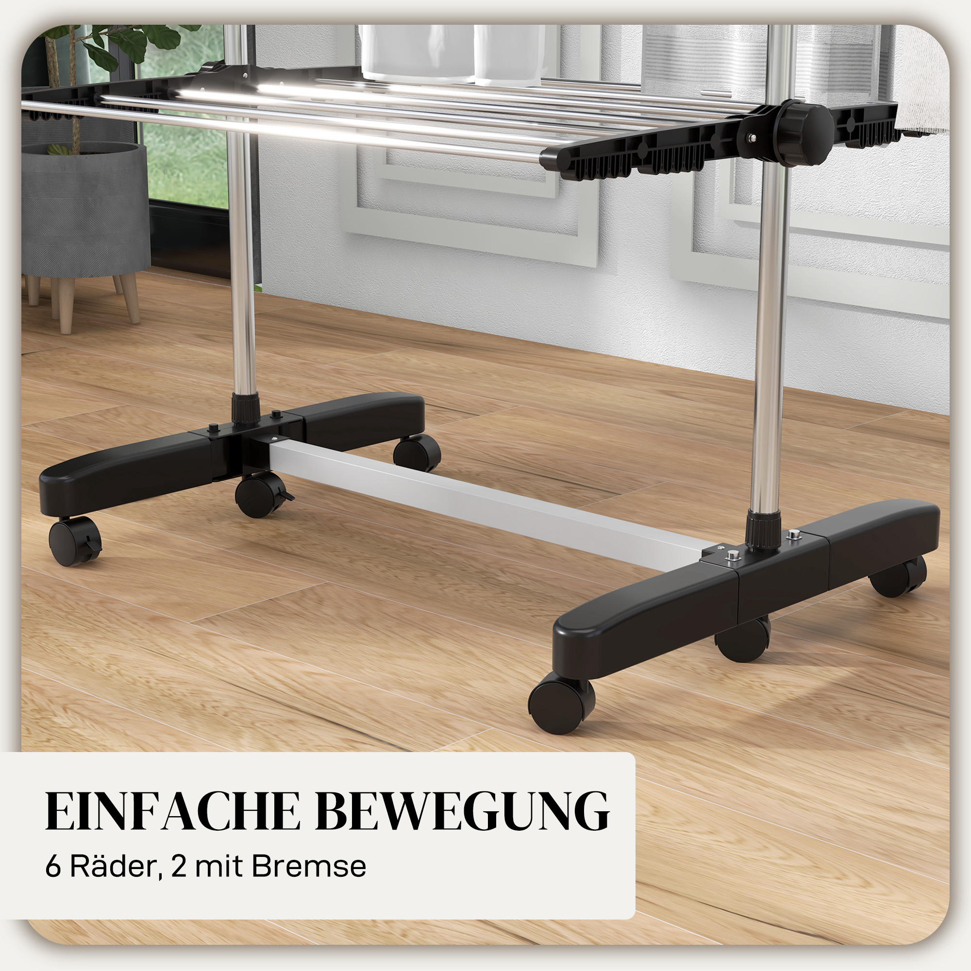 Wäschenständer Wäschetrockner 5 Ebenen, klappbar, One-Klick-System, 142 cm x 55 cm x1 72 cm, Schwarz + Silber