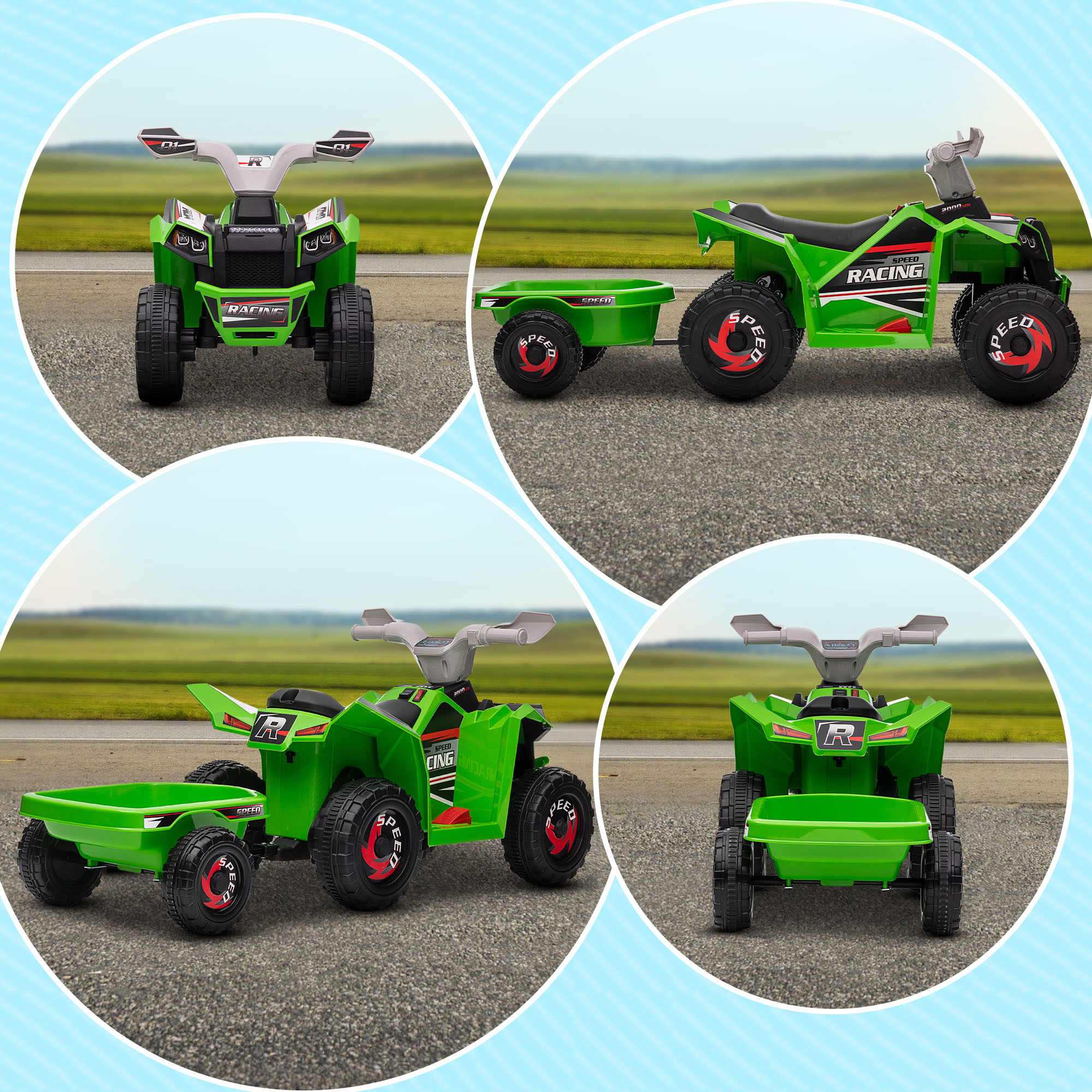 Kinderquad, aufladbar, 2,5 km/h, mit Anhänger, 50 Min, Fahrzeit, für Kinder 1,5 bis 3 Jahre, Grün
