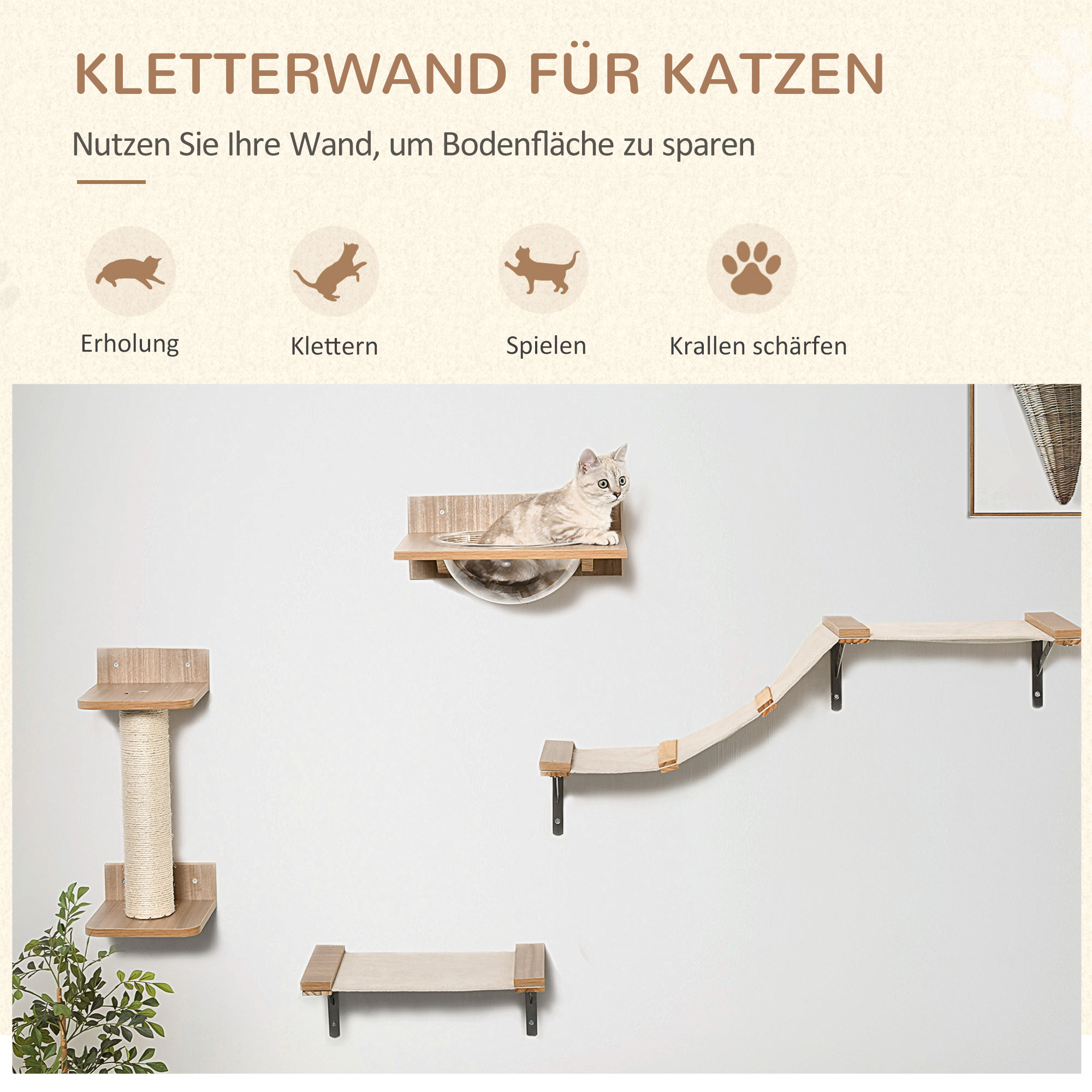4tlg, Kletterwand für Katzen Katzenkletterwand mit Kratzbaum Katzentreppe Katzenmöbel Hängematte Hellbraun Sisal Acryl Kiefer