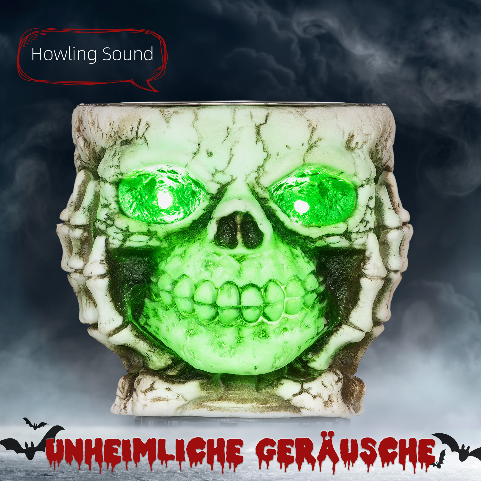 Halloweendekoration, Skelett-Süßigkeitenschale, leuchtende Augen, unheimliches Heulen, Grau/Schwarz