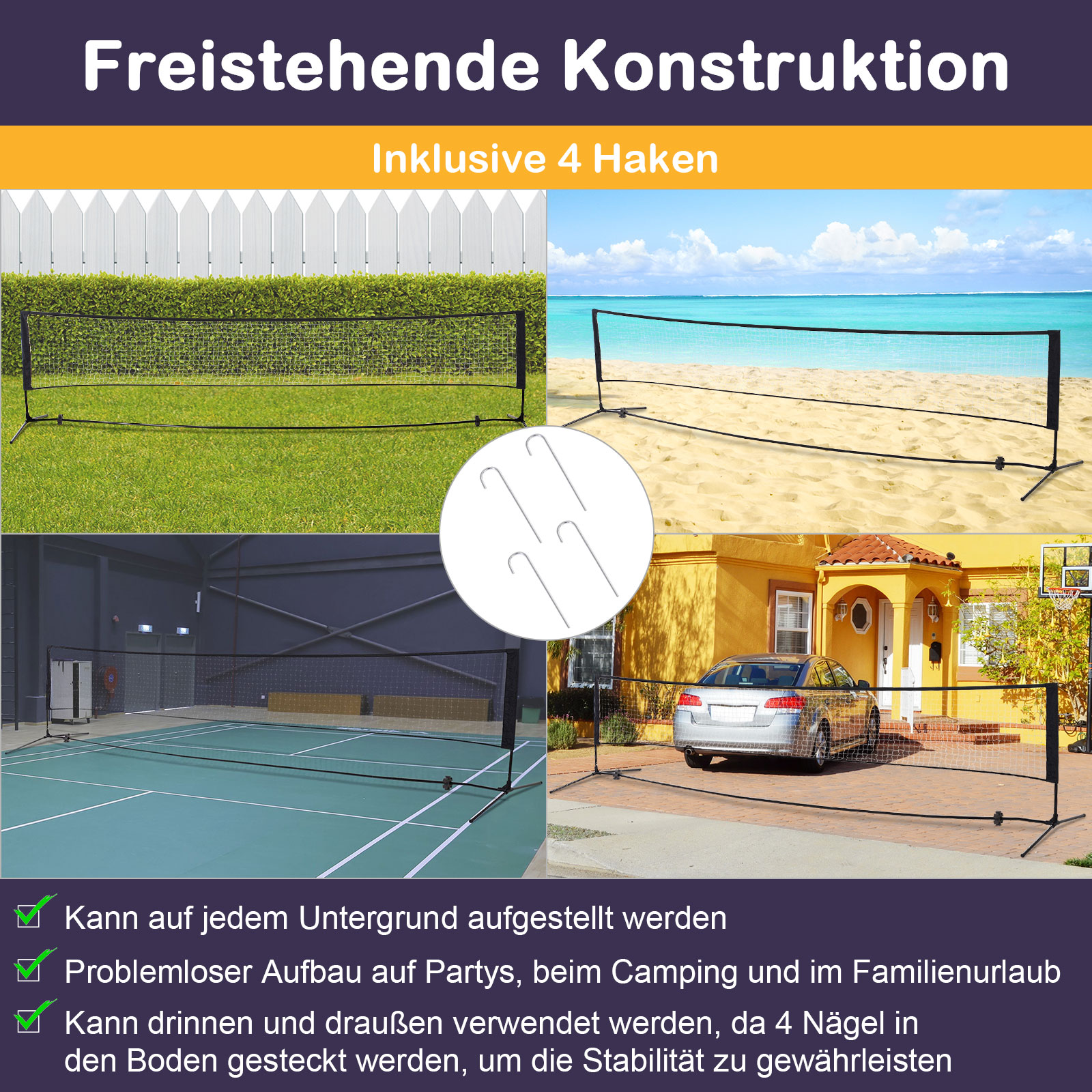 Badmintonnetz 94/158cm faltbares Volleyballnetz mit Transporttasche 2-Fach-Höhenverstellbar Tennisnetz Badminton Netz tragbares Set für Tennis Federballnetz für Garten Park Outdoor