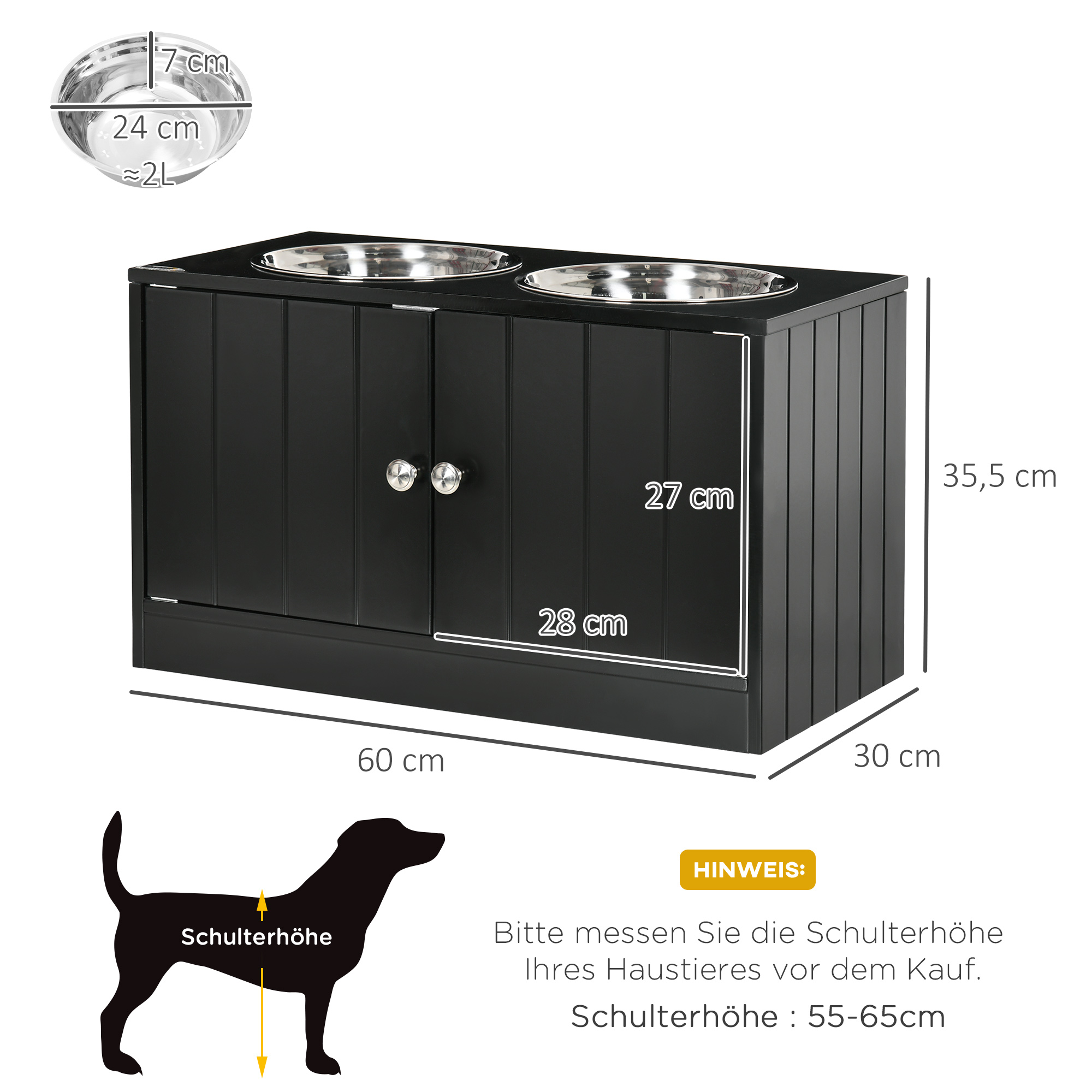 Erhöhte Futterstation mit 2 Edelstahlschüsseln und 44 L Stauraum, Magnettüren, für große Hunde, Schwarz