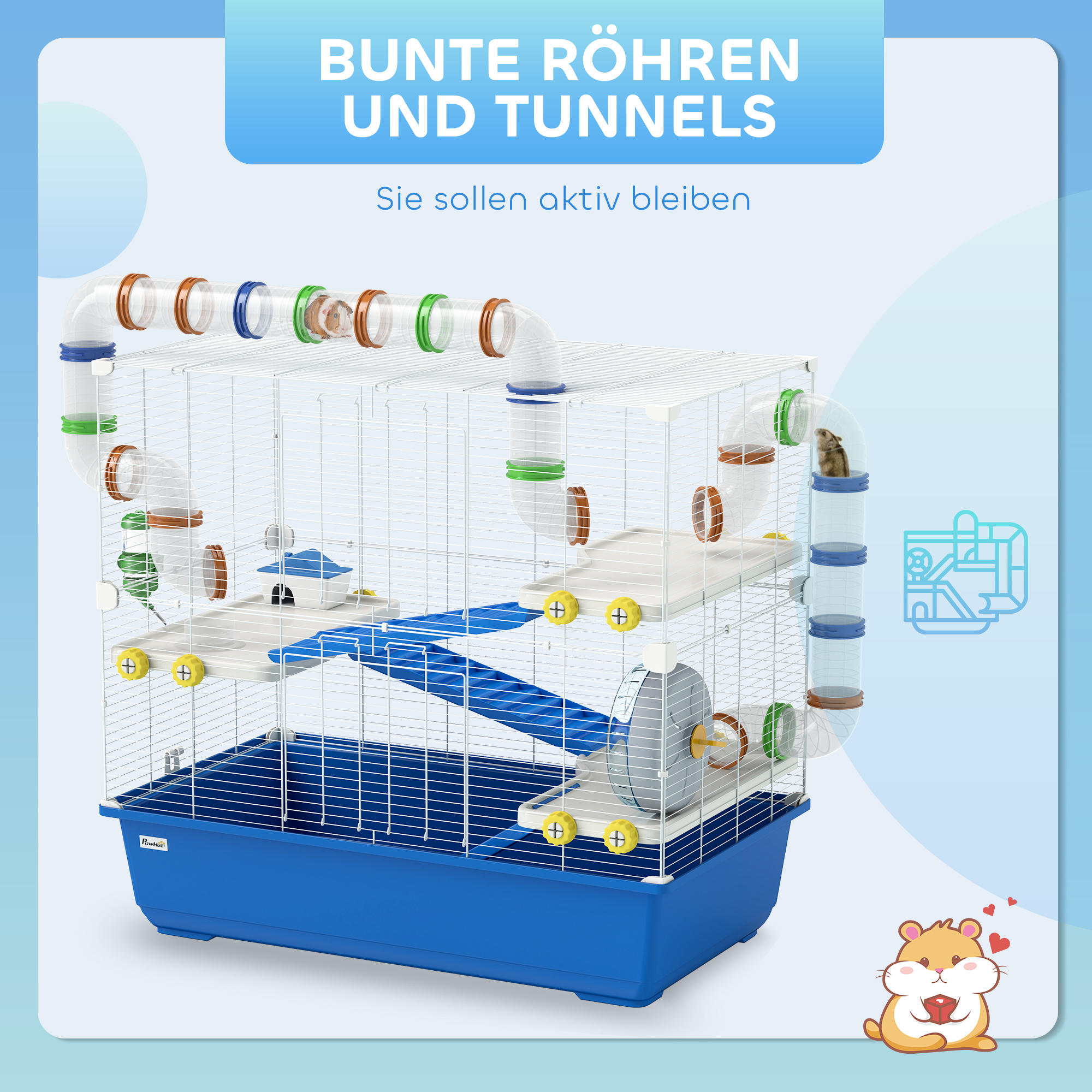 Hamsterkäfig mit 4 Ebenen, Kleintierkäfig mit Tunnelsystem, Hütte, Laufrad, für Zwerghamster, 78 x 45 x 73 cm, Blau