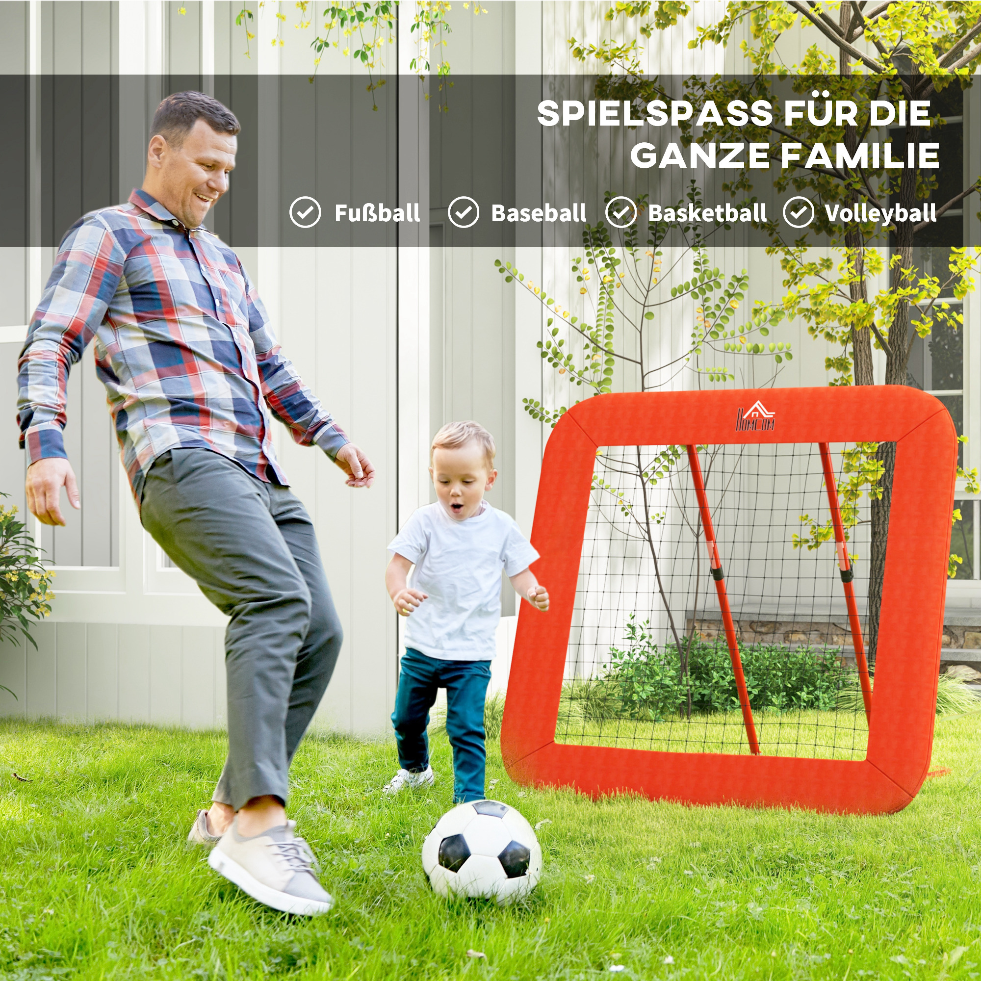 Fußball-Rückprallnetz, verstellbar, faltbar, Metallrahmen, Allwetter-PE-Netz, inkl, Heringe, Rot