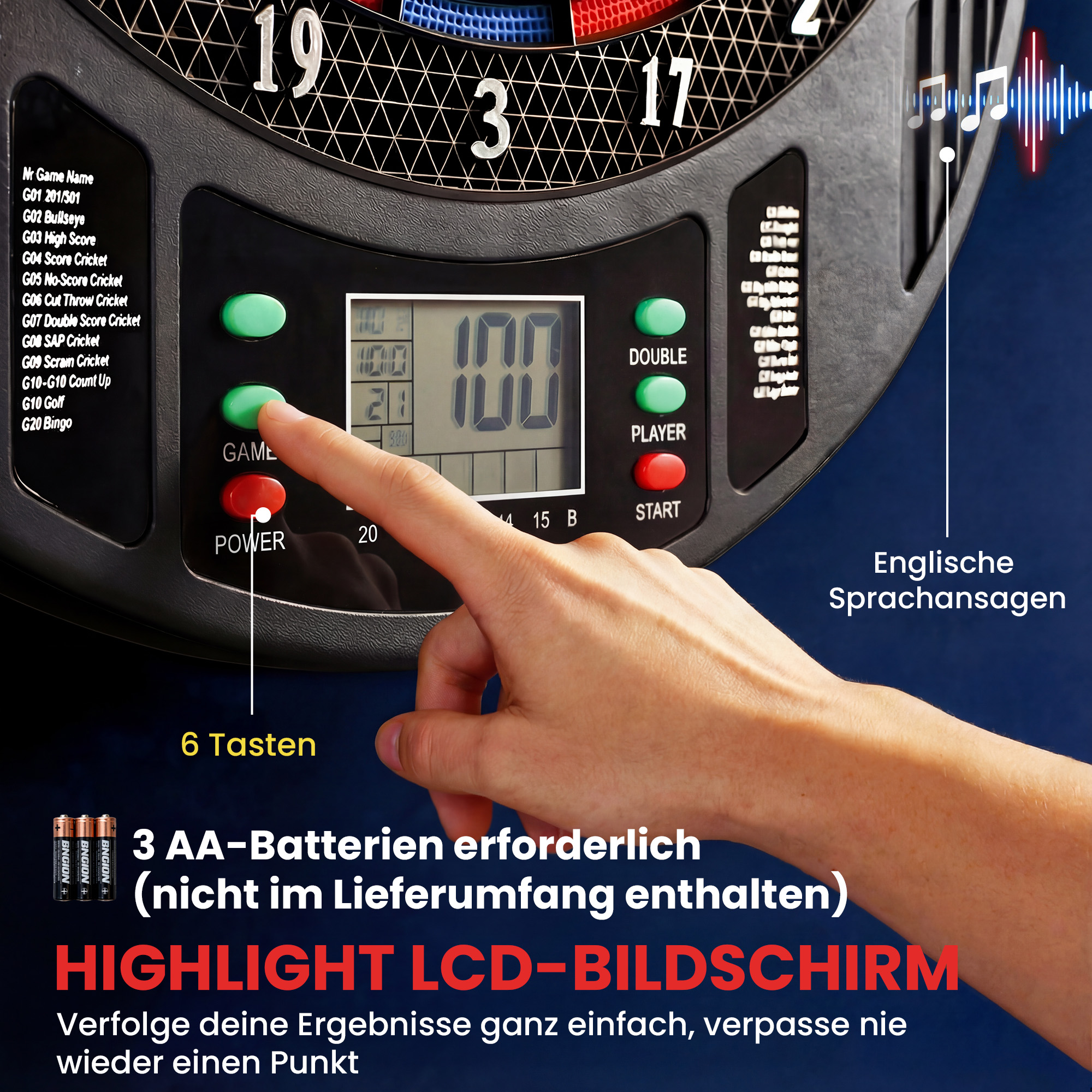 Elektronisches Dartboard für 1-8 Spieler, LCD-Display, 6 Dartsets, Bunt