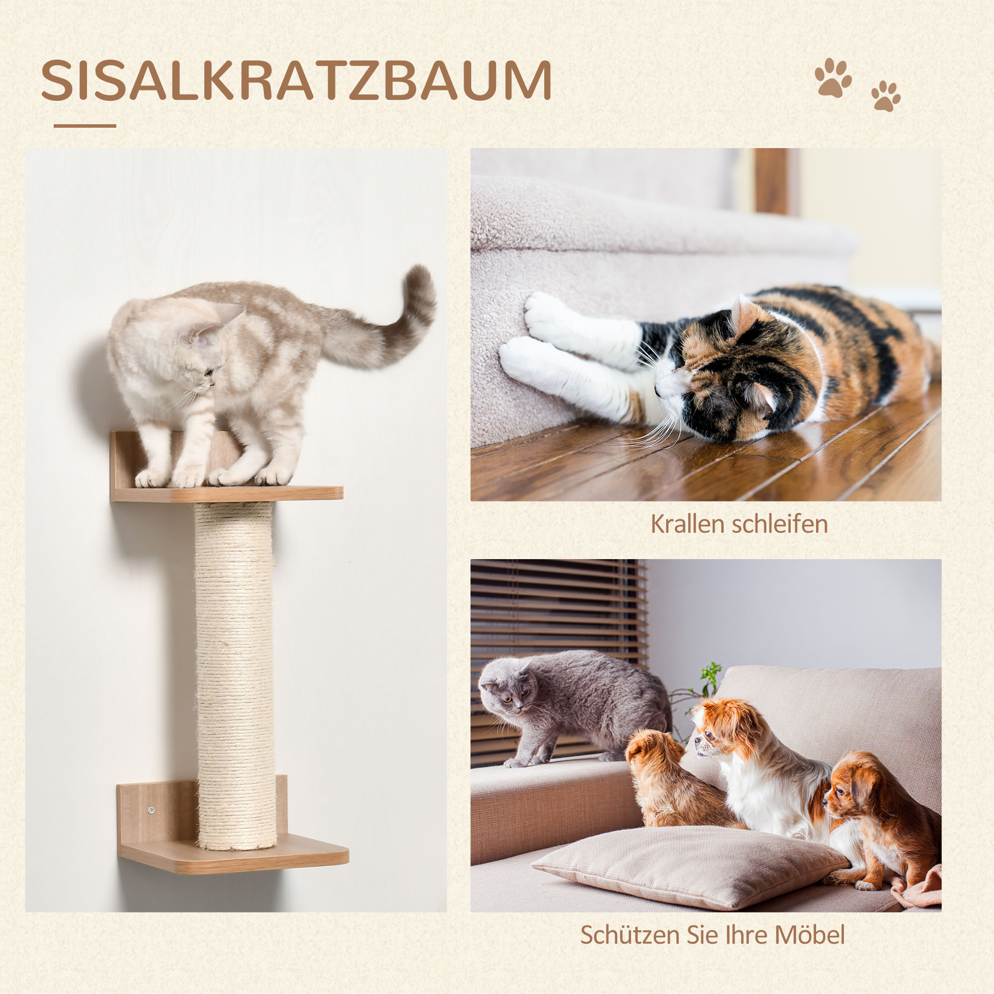4tlg, Kletterwand für Katzen Katzenkletterwand mit Kratzbaum Katzentreppe Katzenmöbel Hängematte Hellbraun Sisal Acryl Kiefer