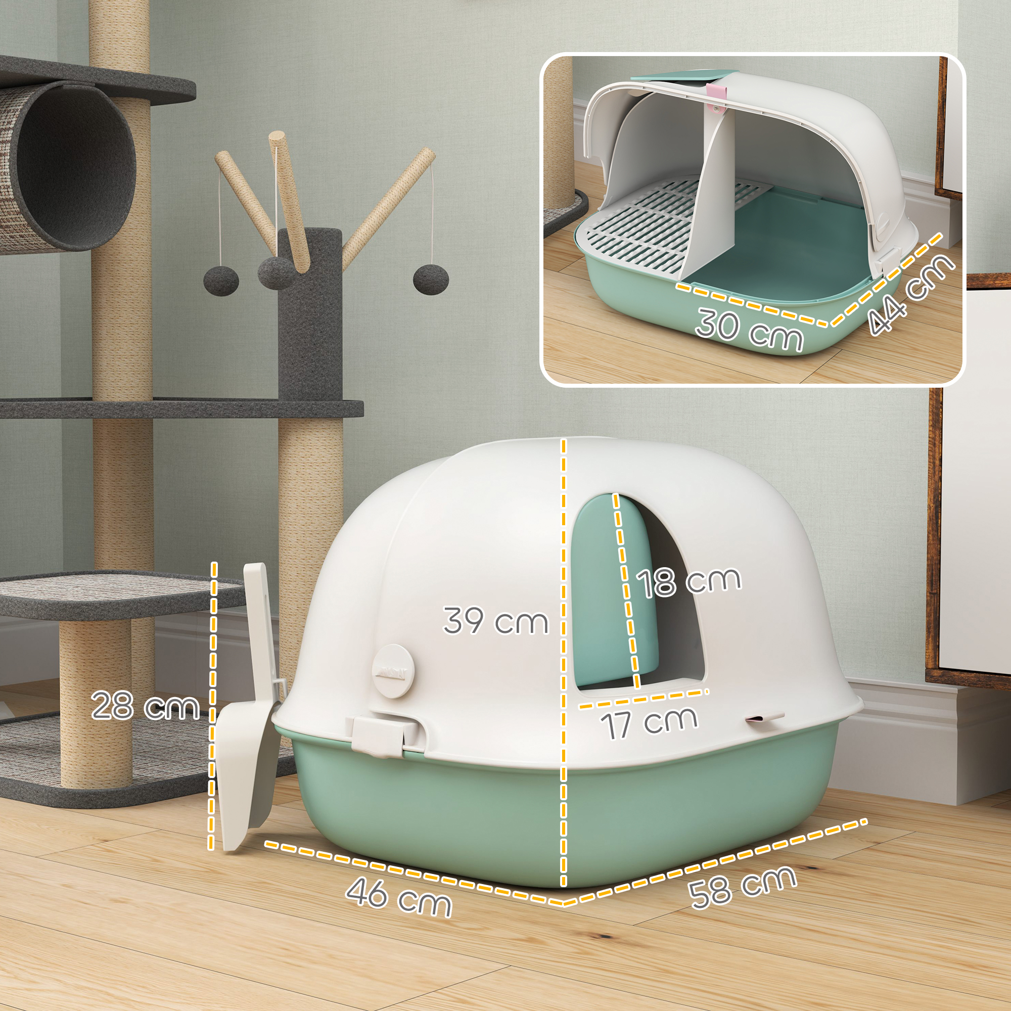 Katzentoilette mit Deckel, Katzenklo mit internem Kanal, Tür, Schaufel, leicht zu reinigen, Kunststoff, Grün