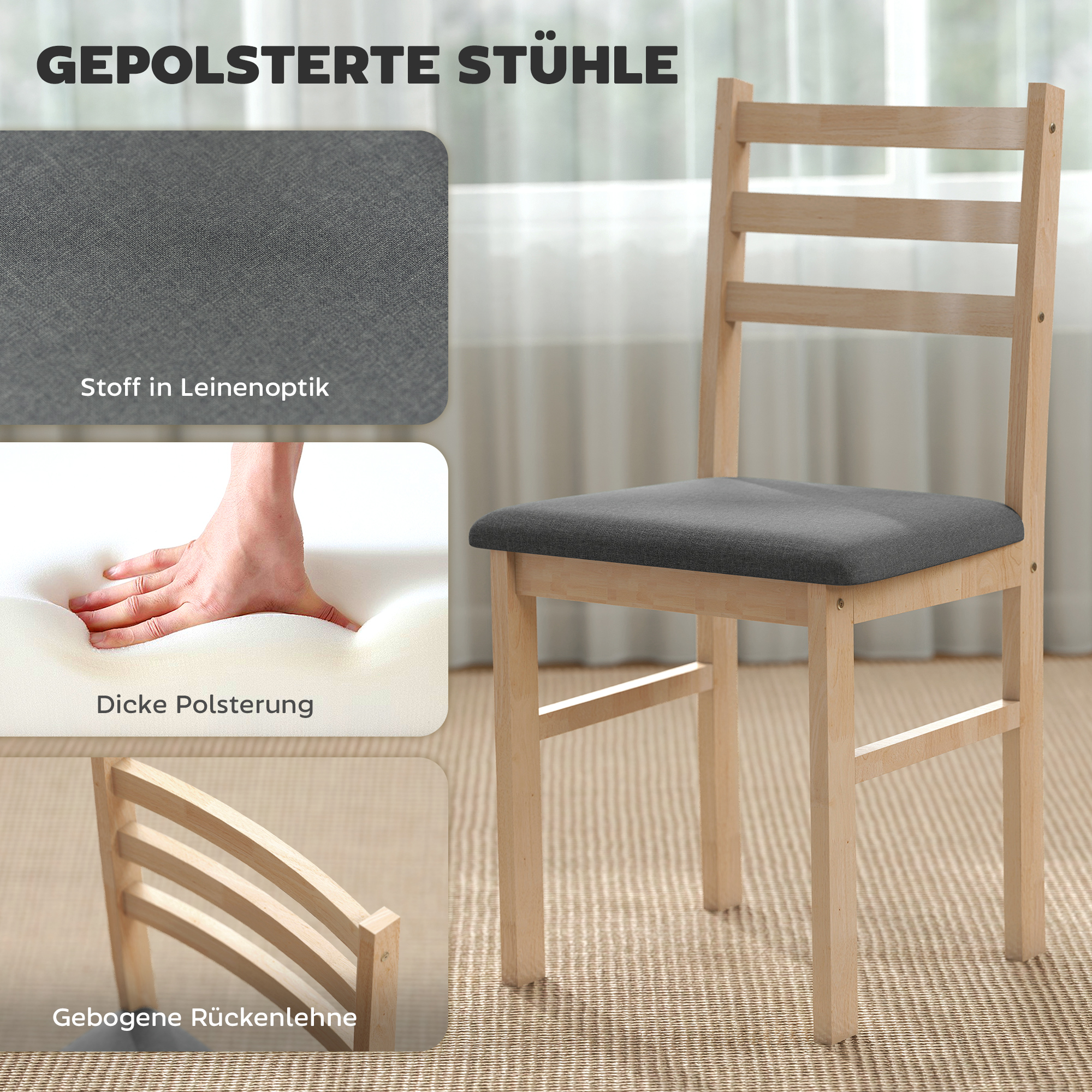 3-teiliges Esstisch-Set mit 2 Stühlen, Küchentisch für kompakte Räume, gepolsterte Stühle, platzsparend, MDF, Naturholz