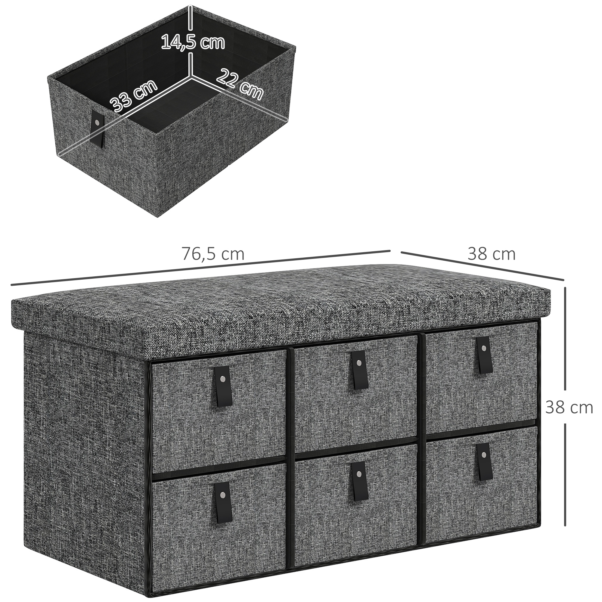 Gepolsterte Schuhbank, 6 Schuhfächer, MDF-Rahmen, Leinenoptik, Grau