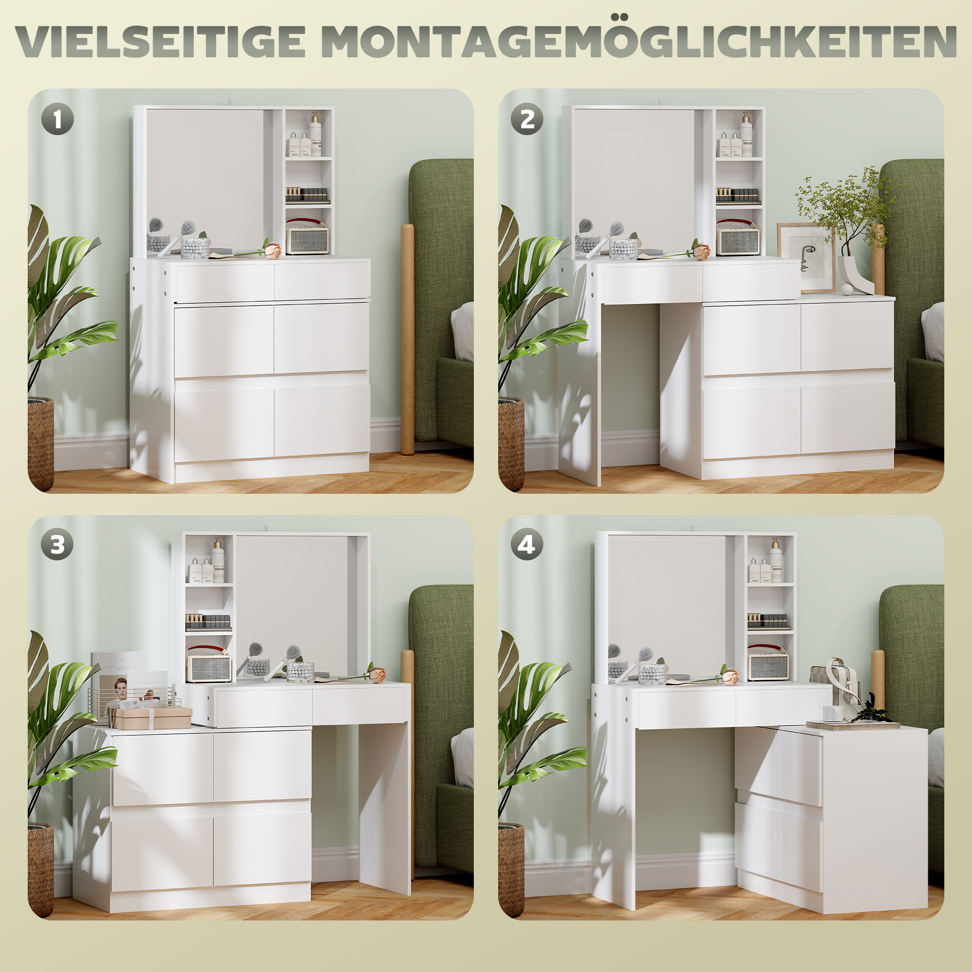 Schminktisch, Make-up-Tisch mit großem Spiegel, 4 Schubladen, 3 offene Fächer, 2 Schränke, MDF, Weiß