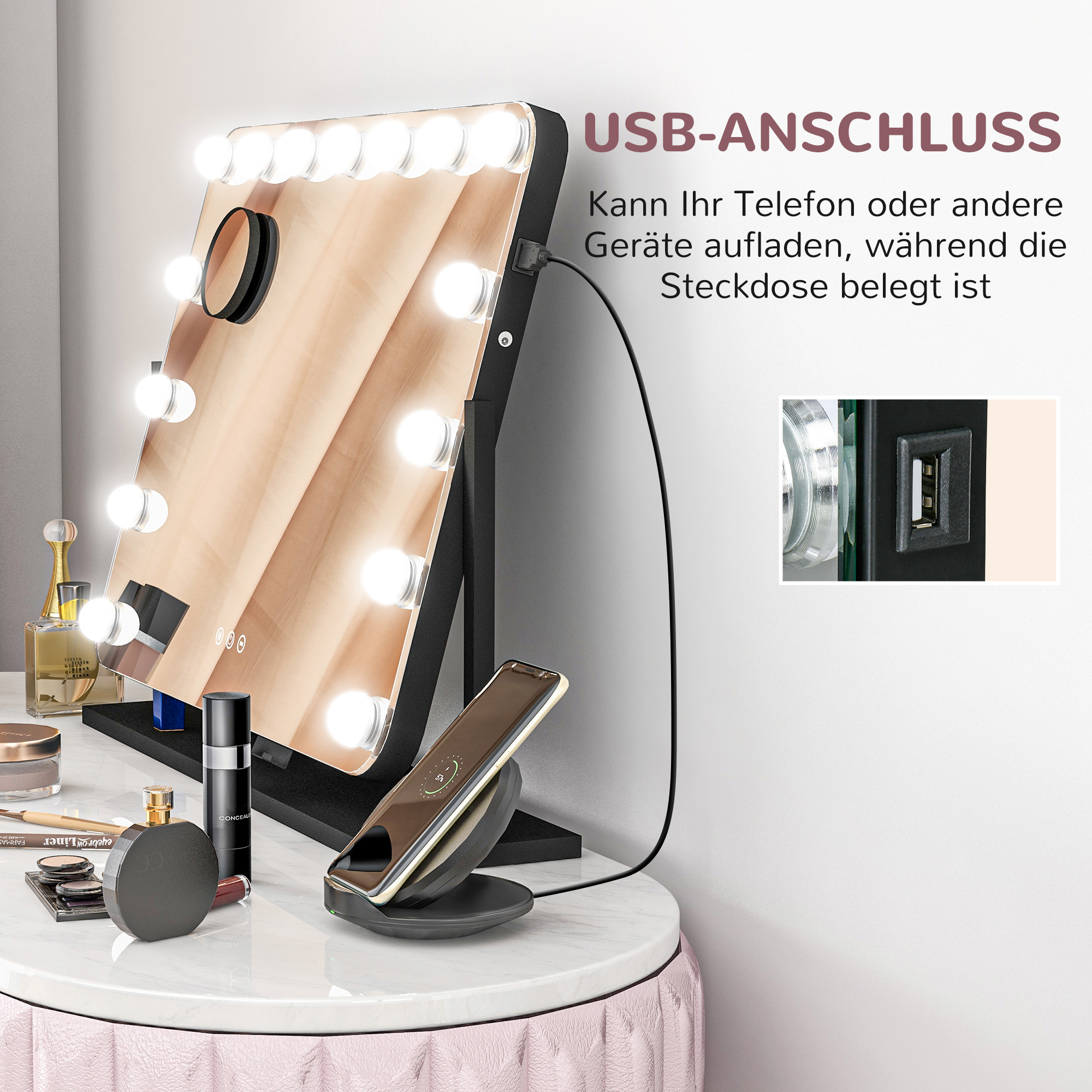 LED Kosmetikspiegel, 3 Lichtmodi, dimmbar, Touchsteuerung, USB, 62,5x49,5cm, Schwarz