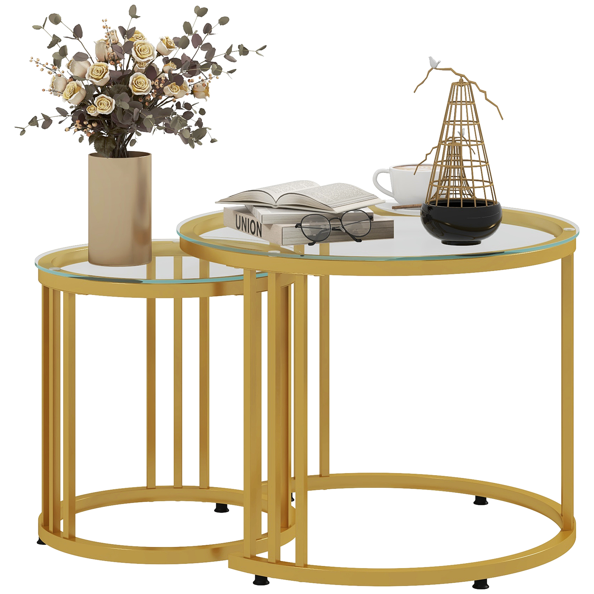 Beistelltisch-Set, 2 Satztische, Karbonstahl, Glasplatte, Ø60x47/Ø40x42 cm, Gold Beistelltisch-Set, 2 Satztische, Karbonstahl, Glasplatte, Ø60x47/Ø40x42 cm, Gold