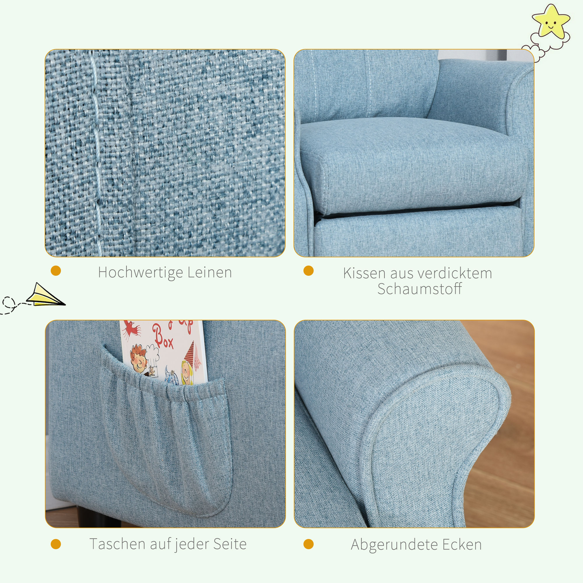 Kindersofa Kindersessel mit Fußstütze Armlehne verstellbare Rückenlehne Relaxsessel Kindercouch Stuhl Liegecouch Kinder Sofa für 3-5 Jahre Jungen und Mädchen Blau