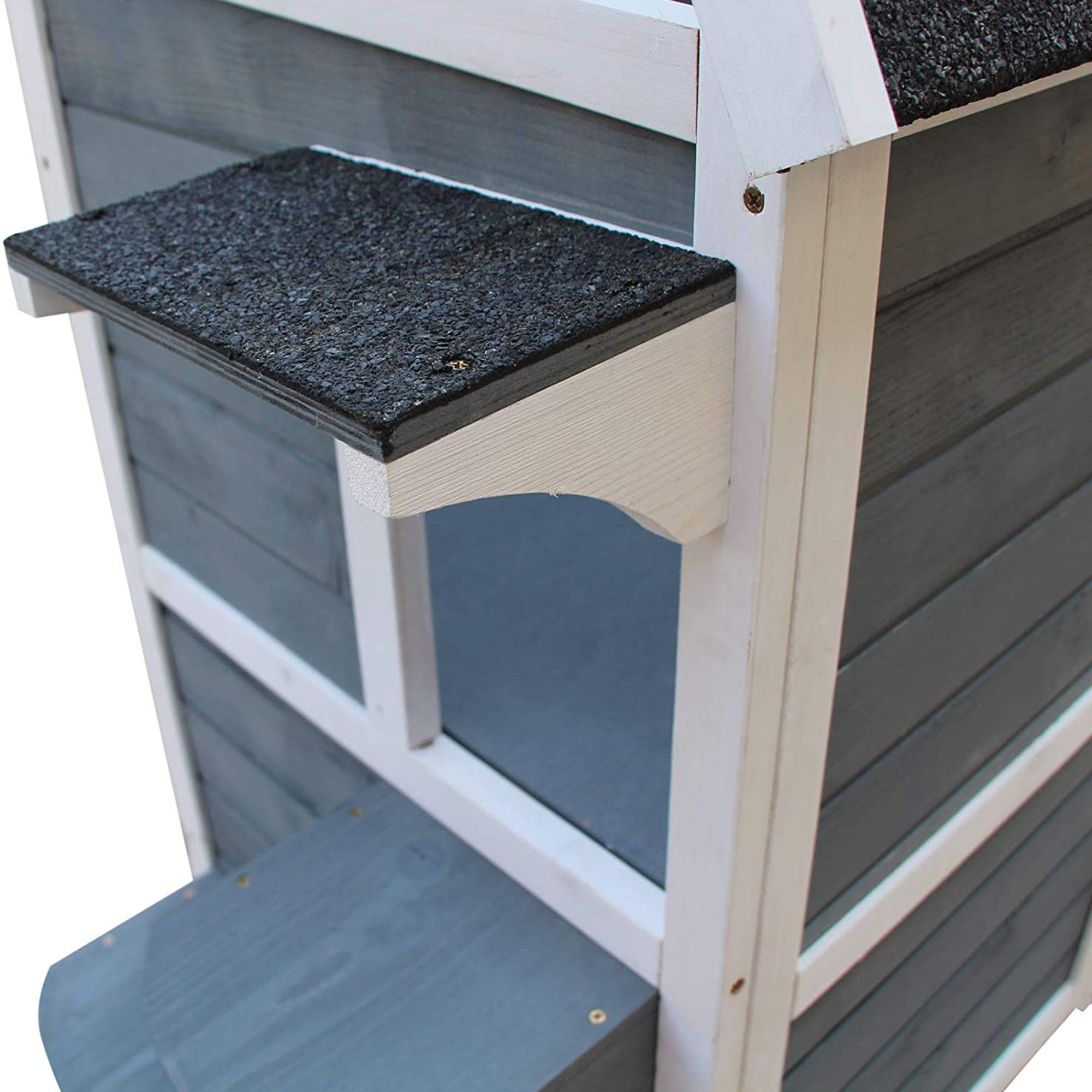 Katzenhaus aus Holz 2 Etagen Winterfest wasserdicht Katzenhütte mit Asphaltdach Treppen Fenster Katzenhöhle Outdoor Schutzhütte für Draußen Garten Balkon 51 x 51 x 81,3 cm Grau