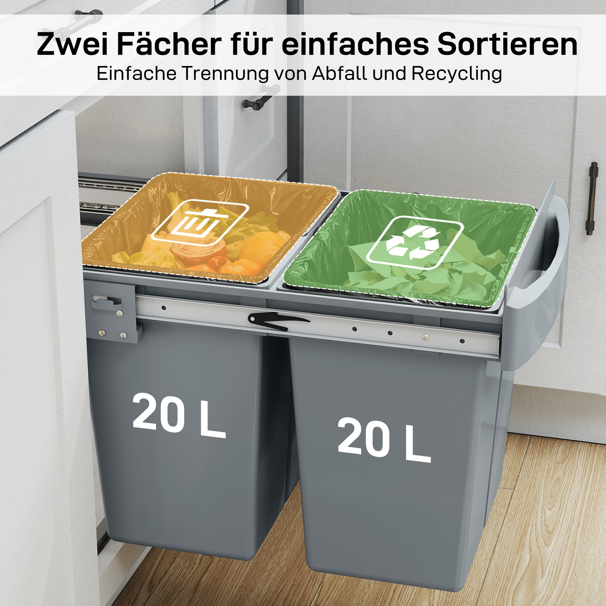 Ausziehbarer Mülleimer, 2 x 20 L, entnehmbare Behälter, Kunststoff, Metall, Grau