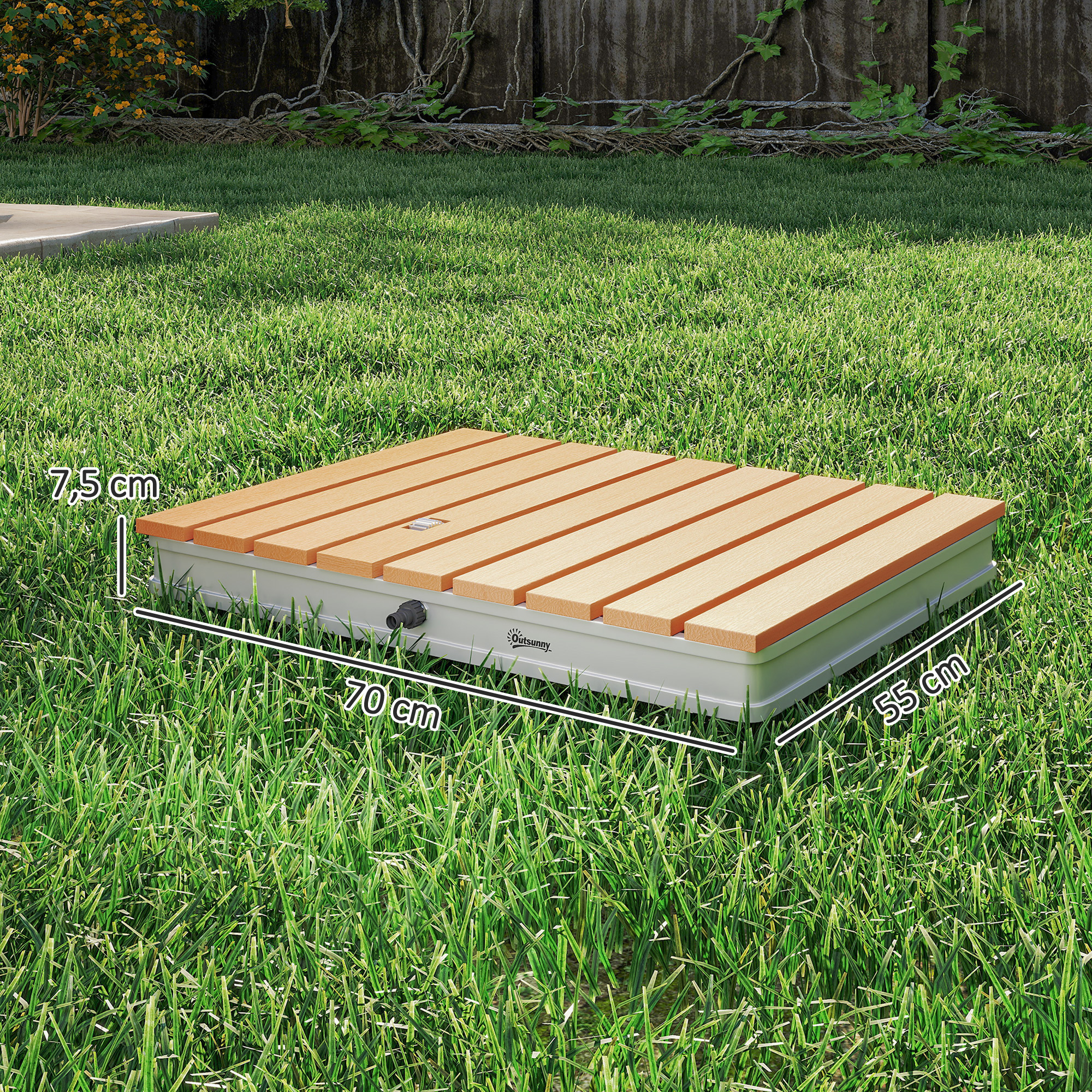 Bodendusche Gartendusche mit einstellbar Fußrad Aluminium bis 4 m Fontänenhöhe 70 x 55 cm Naturholz
