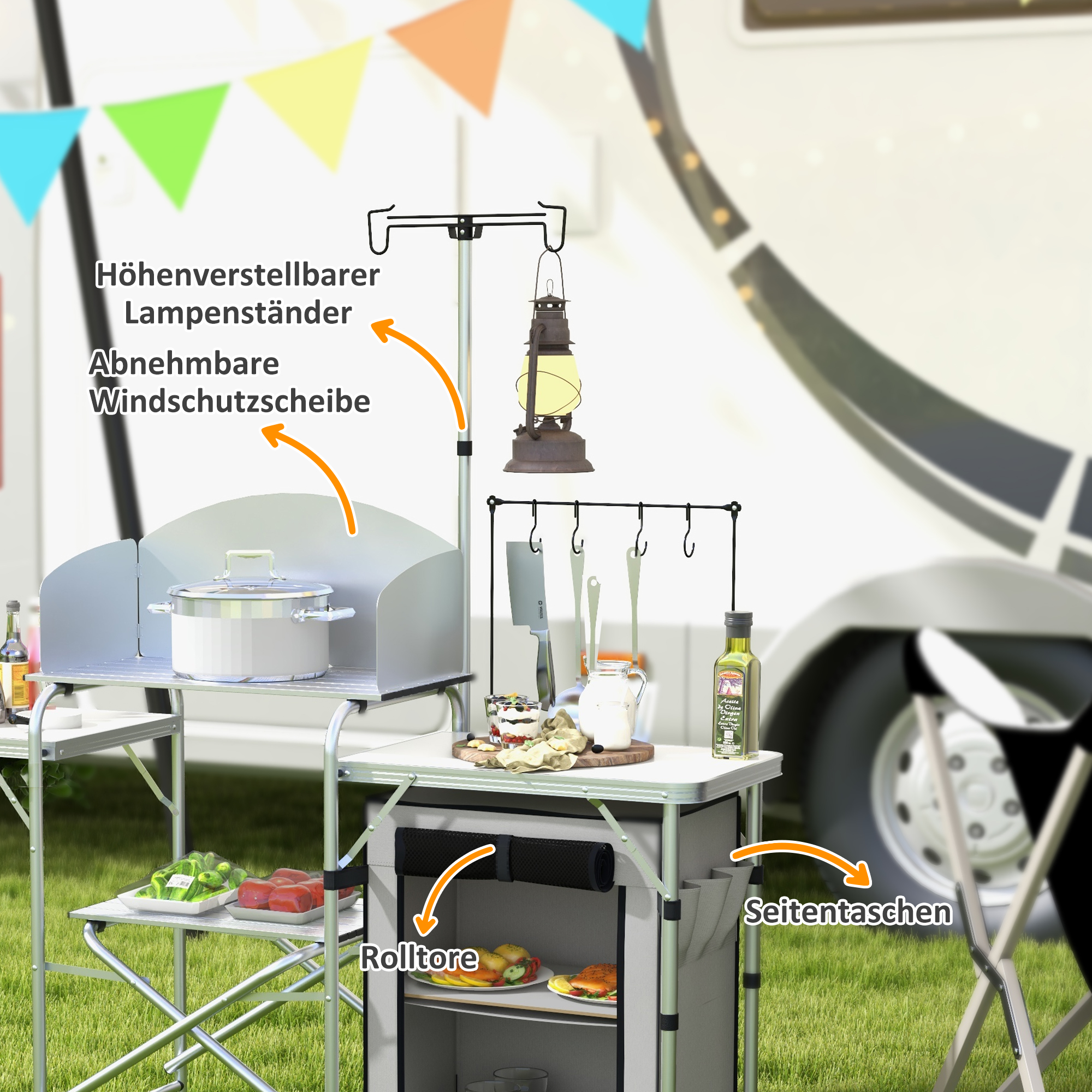 Campingküche, faltbar, 3 Arbeitsplatten, Windschutz, Stoffschrank, 144x48x119cm, Silber